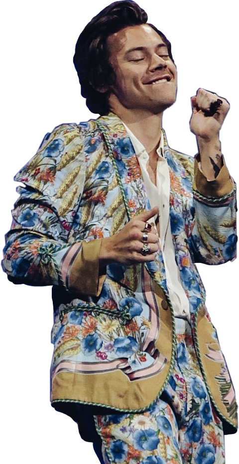 Singer 桌布 壁紙 — 哈利·史泰爾斯在黑色背景前閉眼微笑，身穿鮮豔花卉西裝。