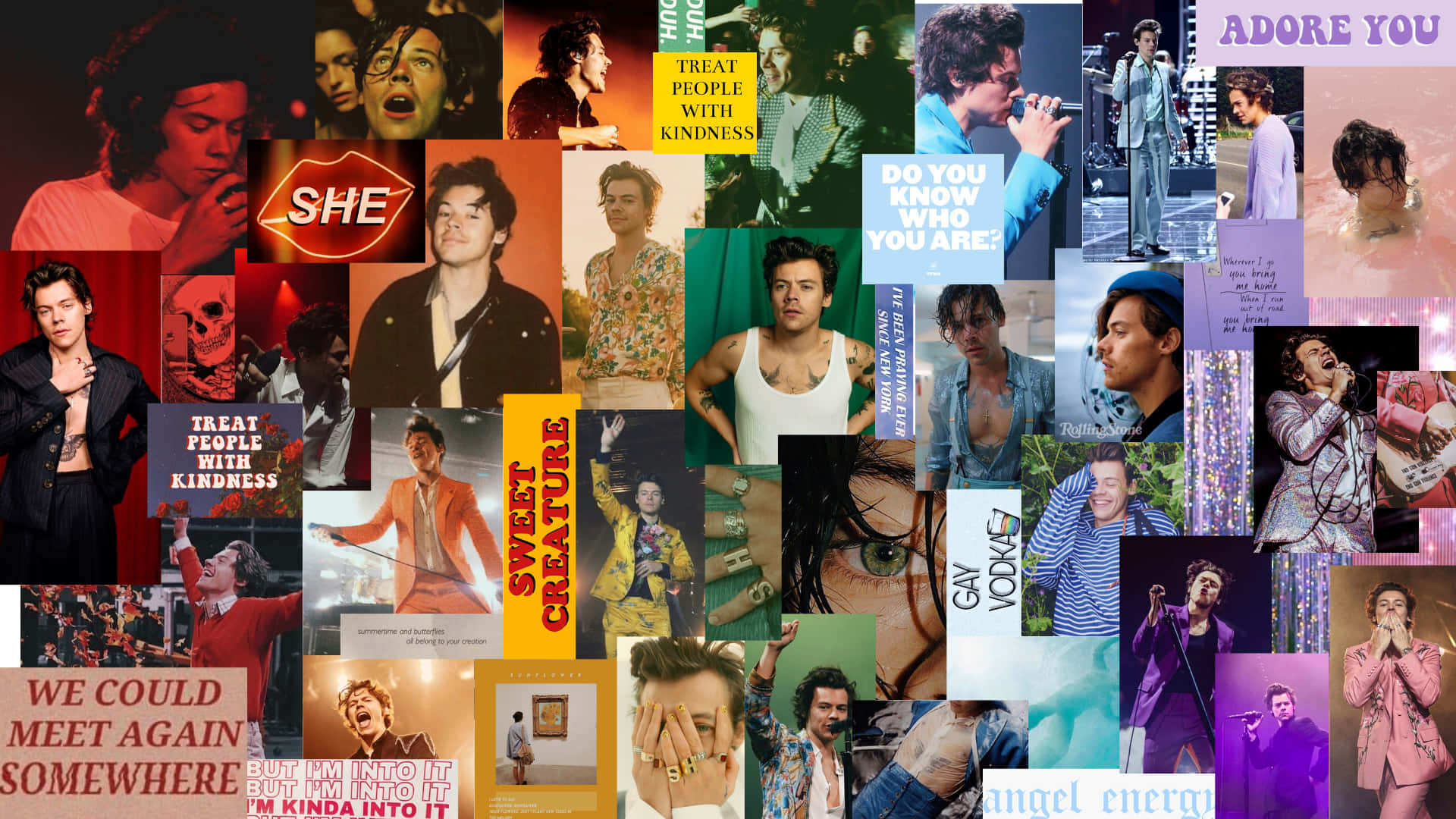 Harry Styles Collage 桌布 壁紙 — 哈利·史泰爾斯色彩繽紛的演唱會服裝和坦率時刻的充滿活力的拼貼畫，帶有粗體文字疊加。