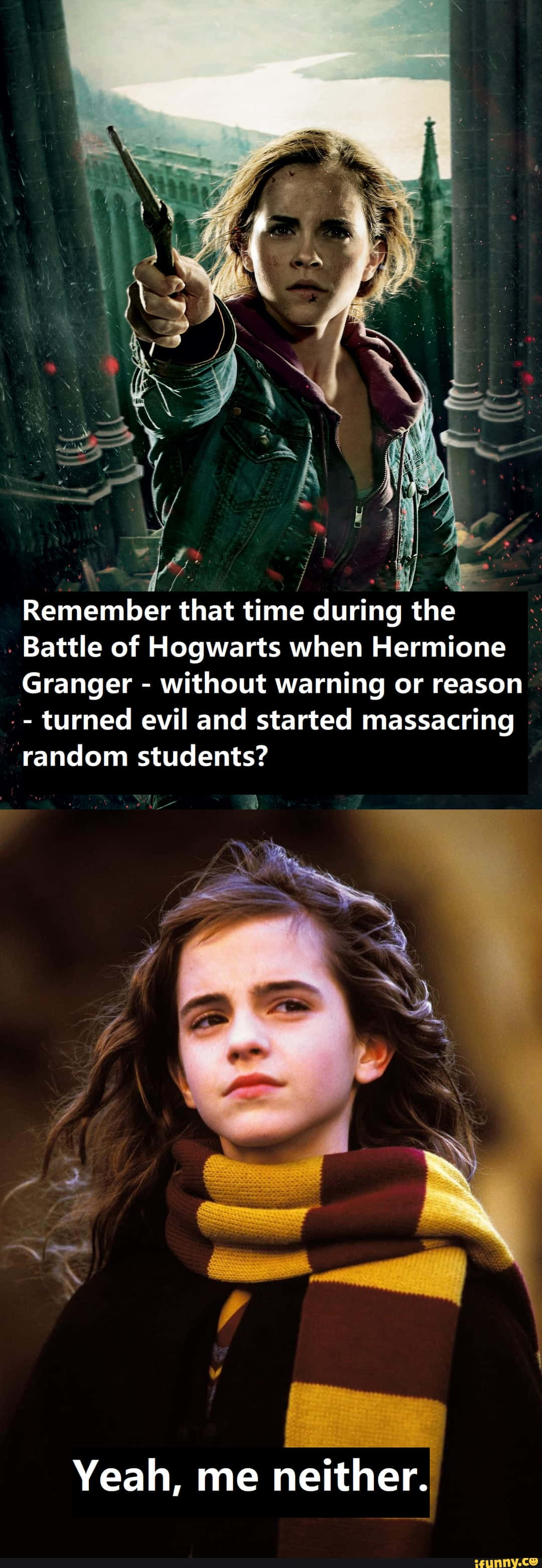 The Battle Of Hogwarts 桌布 壁紙 — 《哈利波特》中的妙麗·格蘭傑在城堡背景下，以堅定的表情指向魔杖。