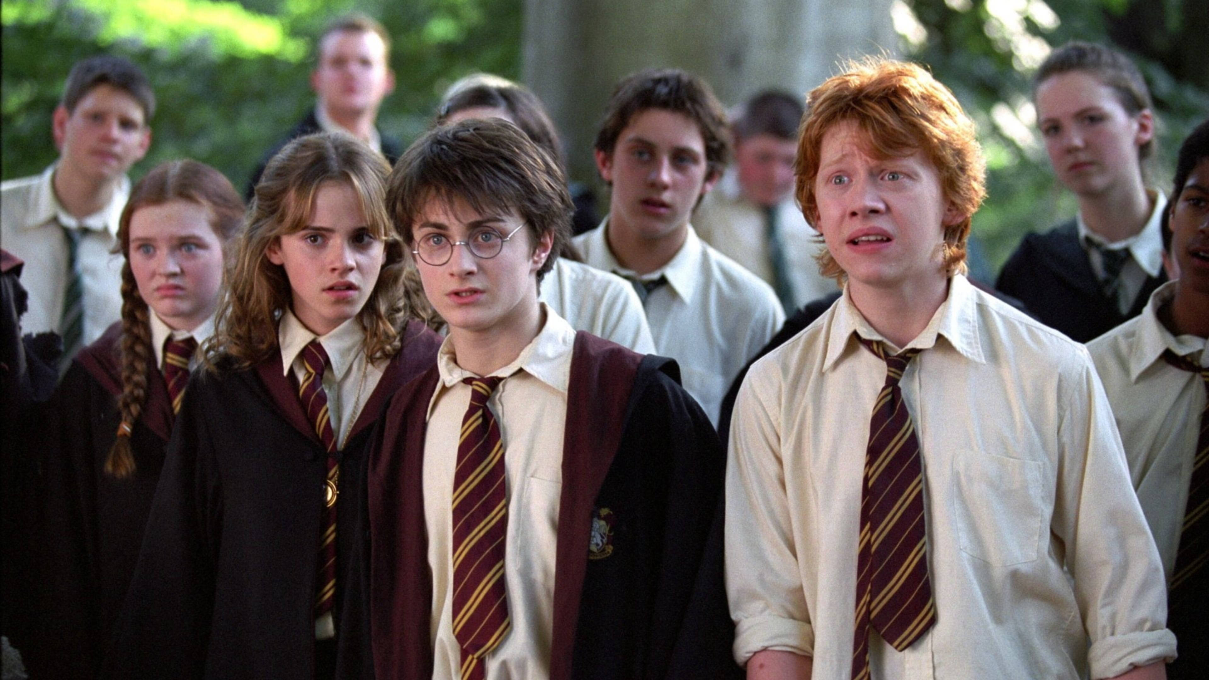 Ron Weasley 桌布 壁紙 — 哈利波特、榮恩·衛斯理和妙麗·格蘭傑穿著霍格華茲制服，一起站在戶外，表情驚訝。