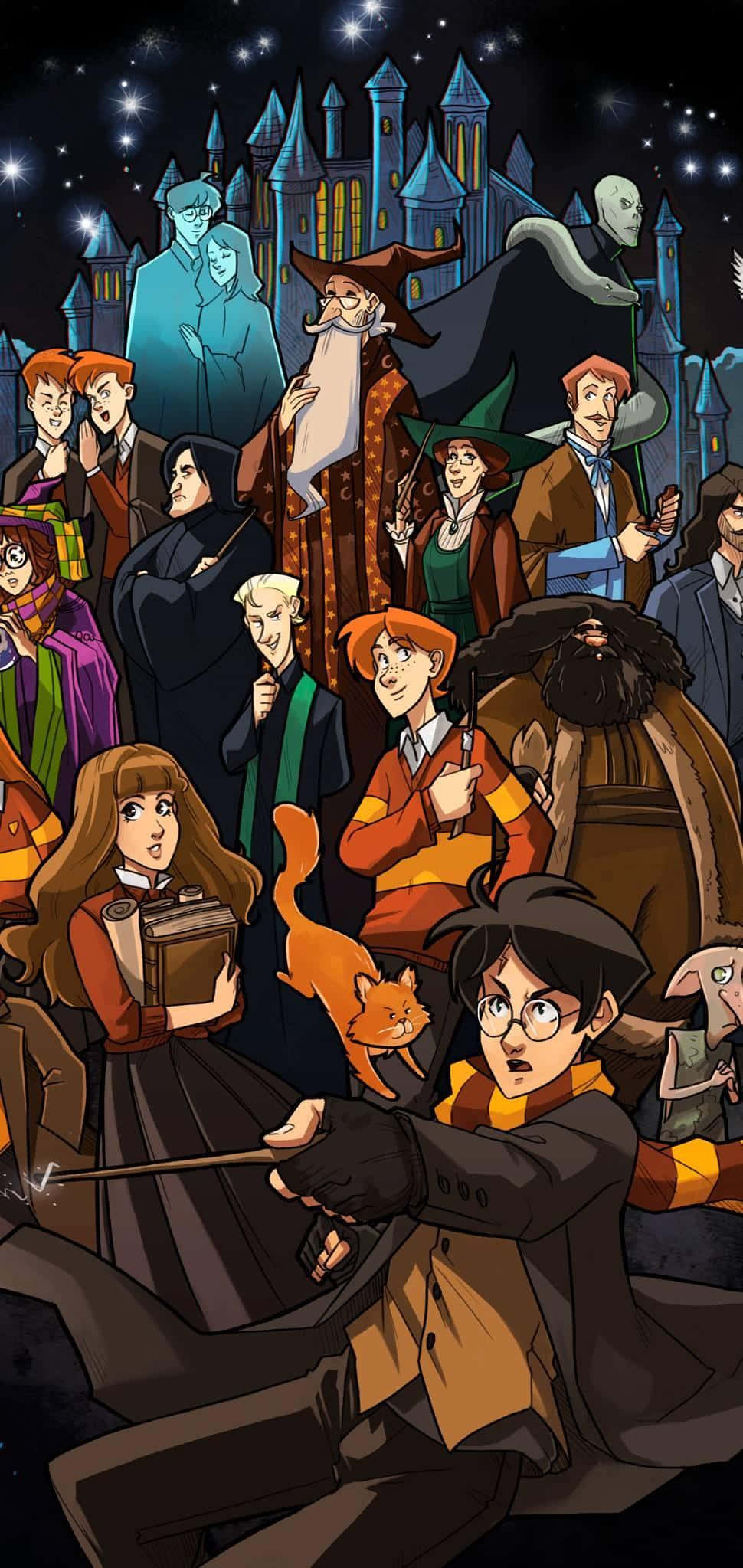 Harry Potter All Characters 桌布 壁紙 — 哈利波特和朋友們在霍格華茲城堡前的星空夜景中聚集，帶著魔法般的表情。