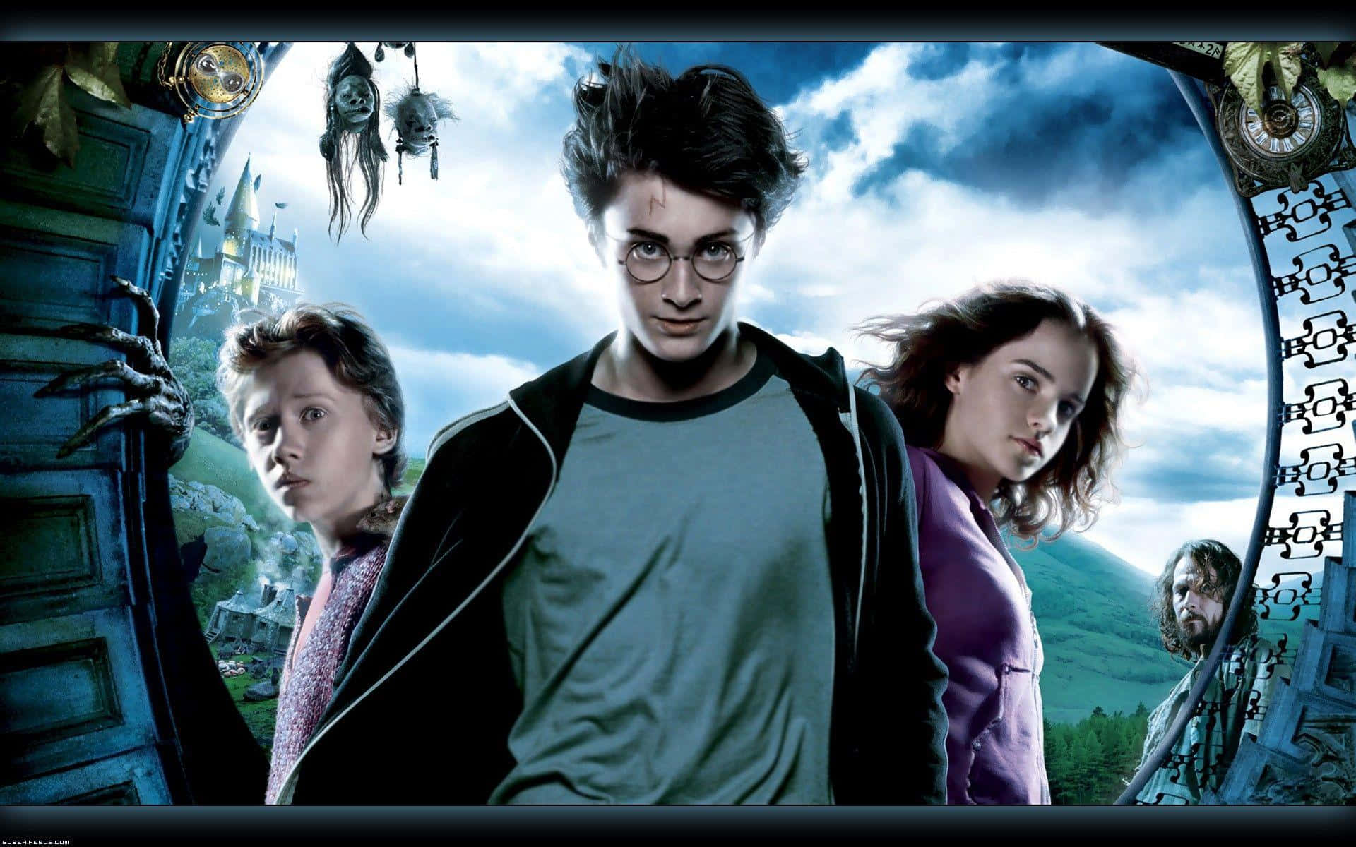 Harry Potter All Characters 桌布 壁紙 — 哈利波特和朋友們站在一個魔法門前，門後顯現出暴風雨天空下的霍格華茲。