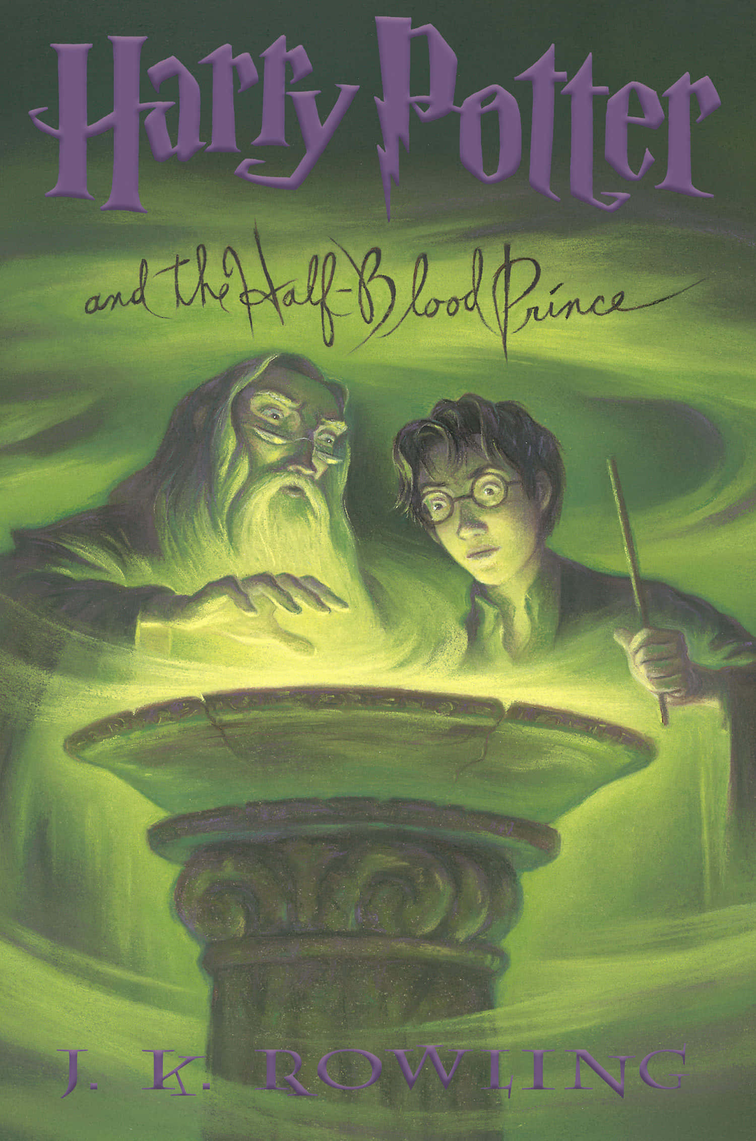 The Half-blood Prince 桌布 壁紙 — 哈利波特和鄧不利多在旋轉的綠色魔法光環中，在一個石基座上望過去。