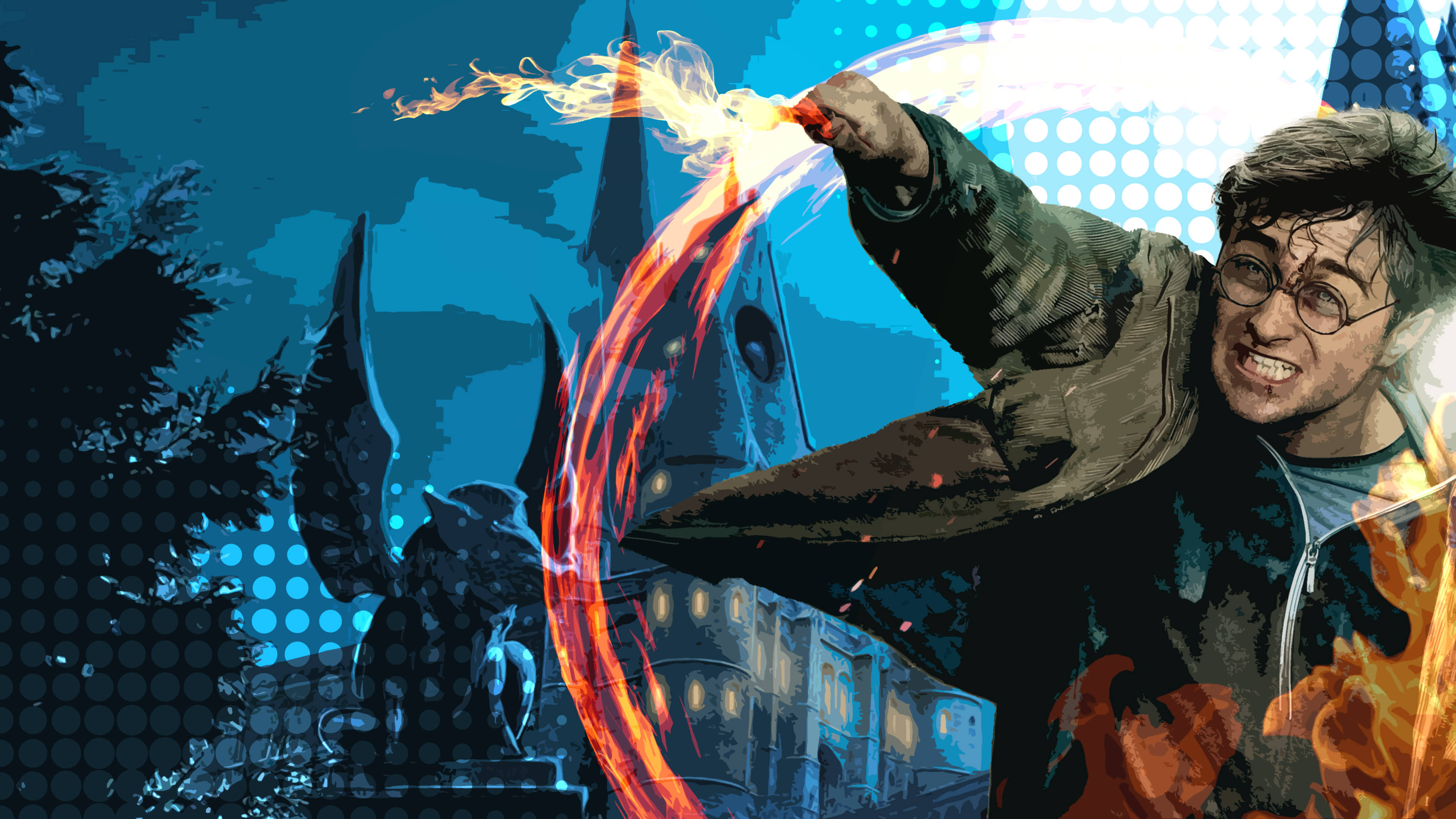 Hogwarts Aesthetic 桌布 壁紙 — 哈利波特在一個戲劇性的夜晚場景中揮舞著火焰咒語，背景是哥德式城堡和黑暗的樹木。