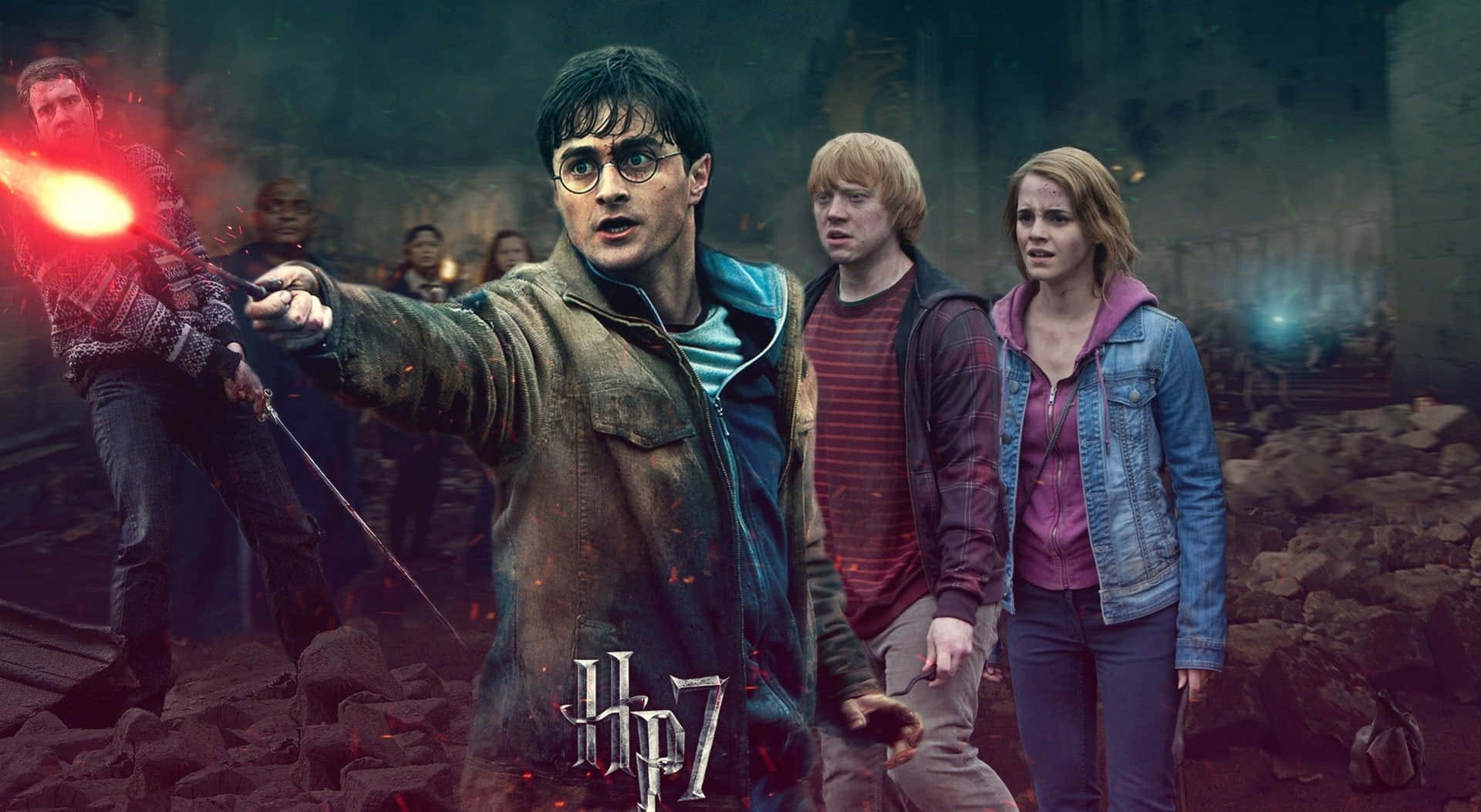 The Battle Of Hogwarts 桌布 壁紙 — 哈利波特在一個破爛的石頭庭院中揮舞著發光的紅色咒語，而榮恩和妙麗警覺地站在他身後。