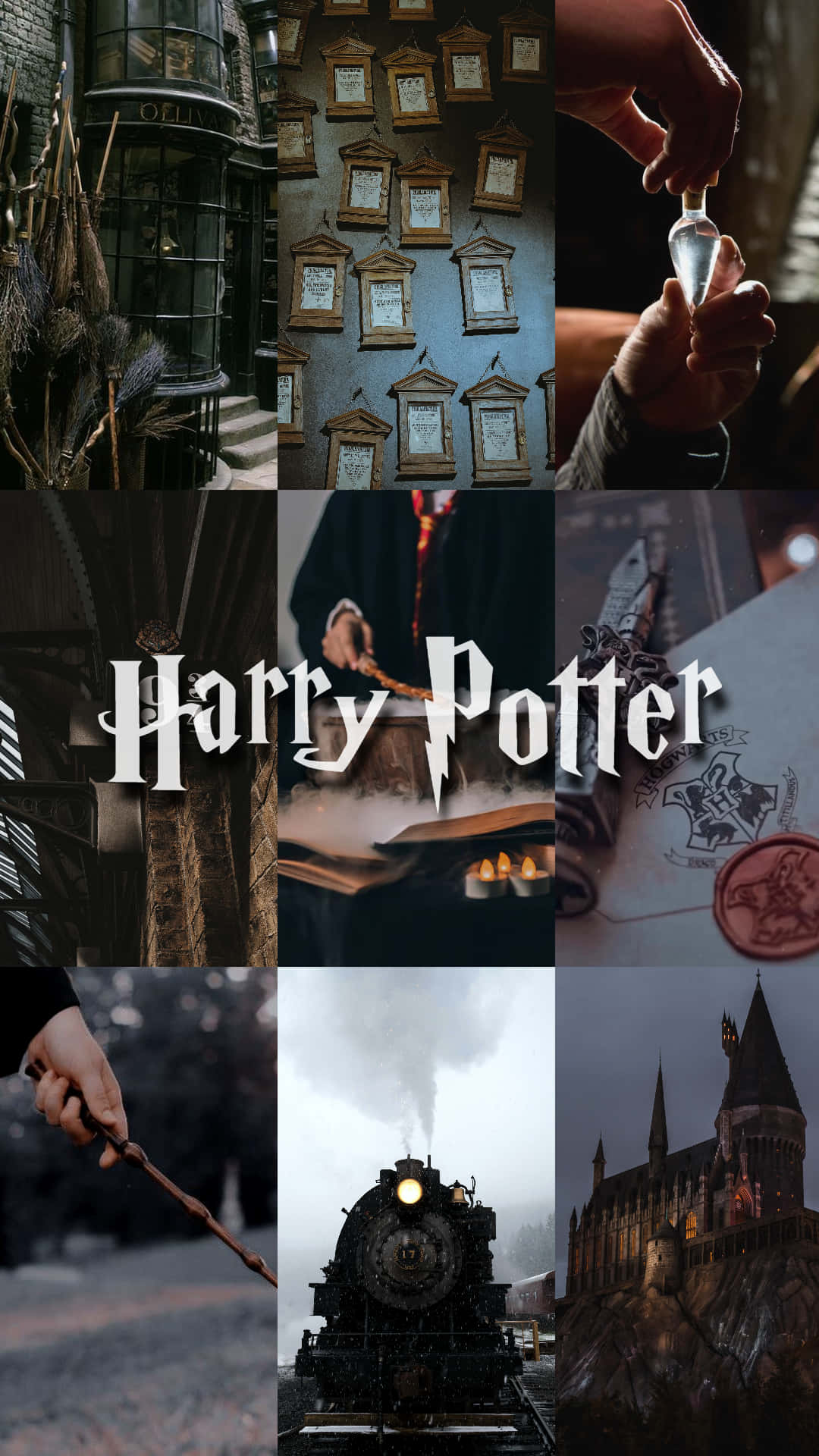 Harry Potter 桌布 壁紙 — 哈利波特場景拼貼畫，包含魔杖、霍格華茲城堡、火車和魔法物品，採用深色憂鬱色調。