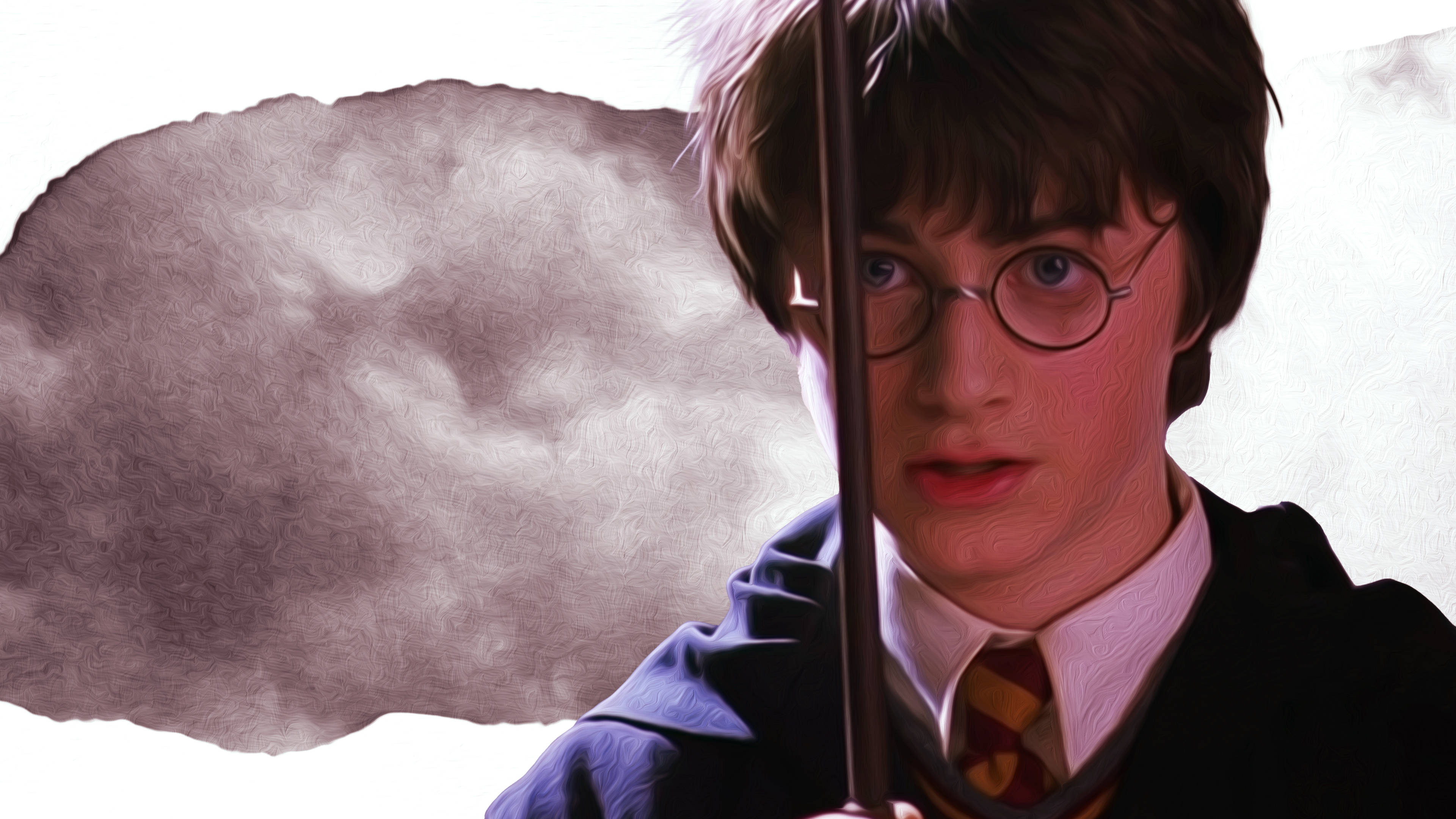 Hogwarts Aesthetic 桌布 壁紙 — 哈利波特專注地凝視著，手持魔杖，背景是紋理灰雲。