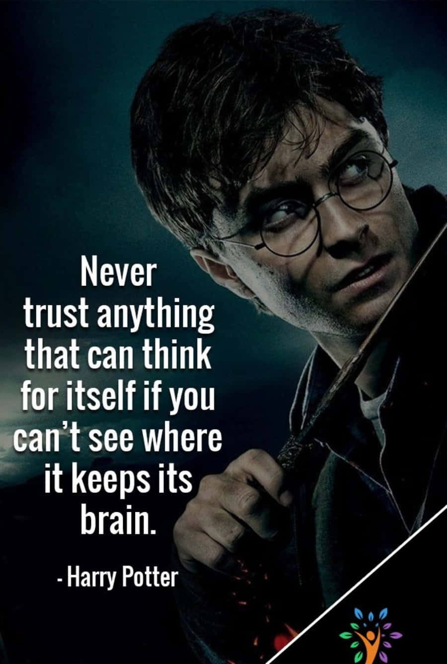 Harry Potter Quotes 桌布 壁紙 — 哈利波特專注地凝視著，手持魔杖，背景陰暗有氣氛，並覆蓋著一句引言。