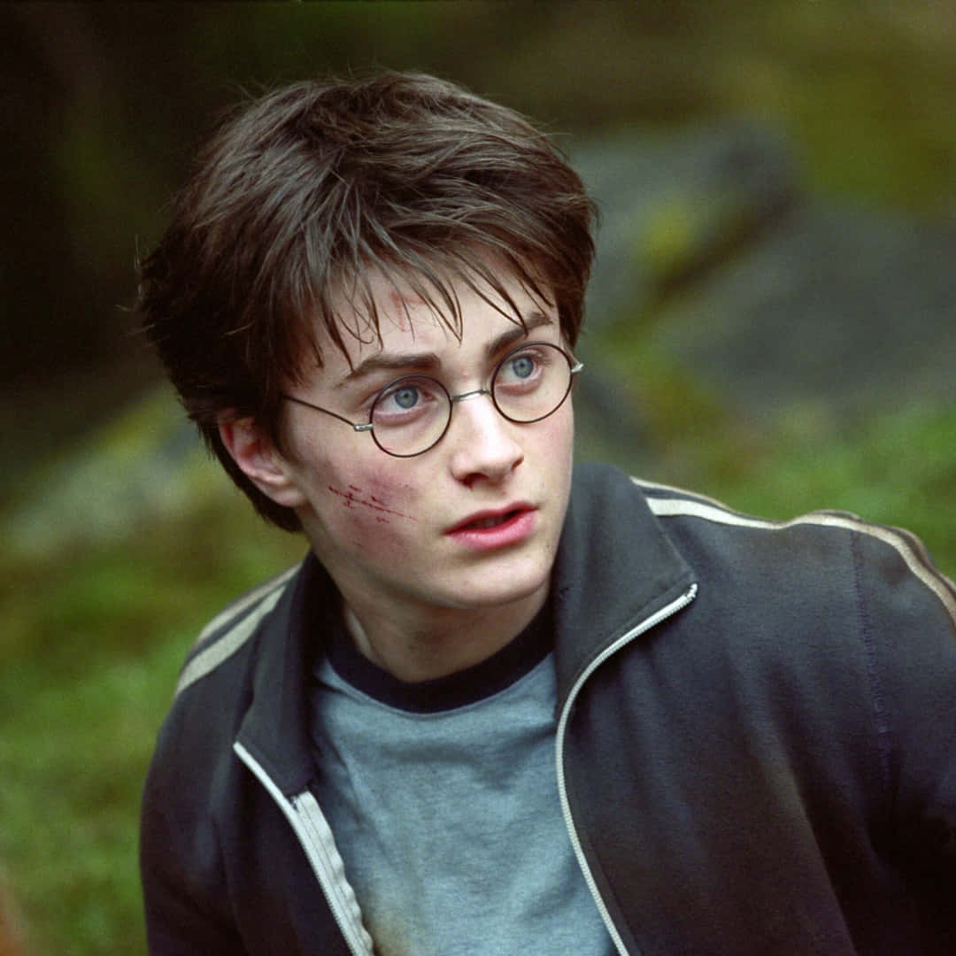 Harry Potter Profile 桌布 壁紙 — 哈利波特帶著疤痕和眼鏡，在森林環境中顯得驚訝。