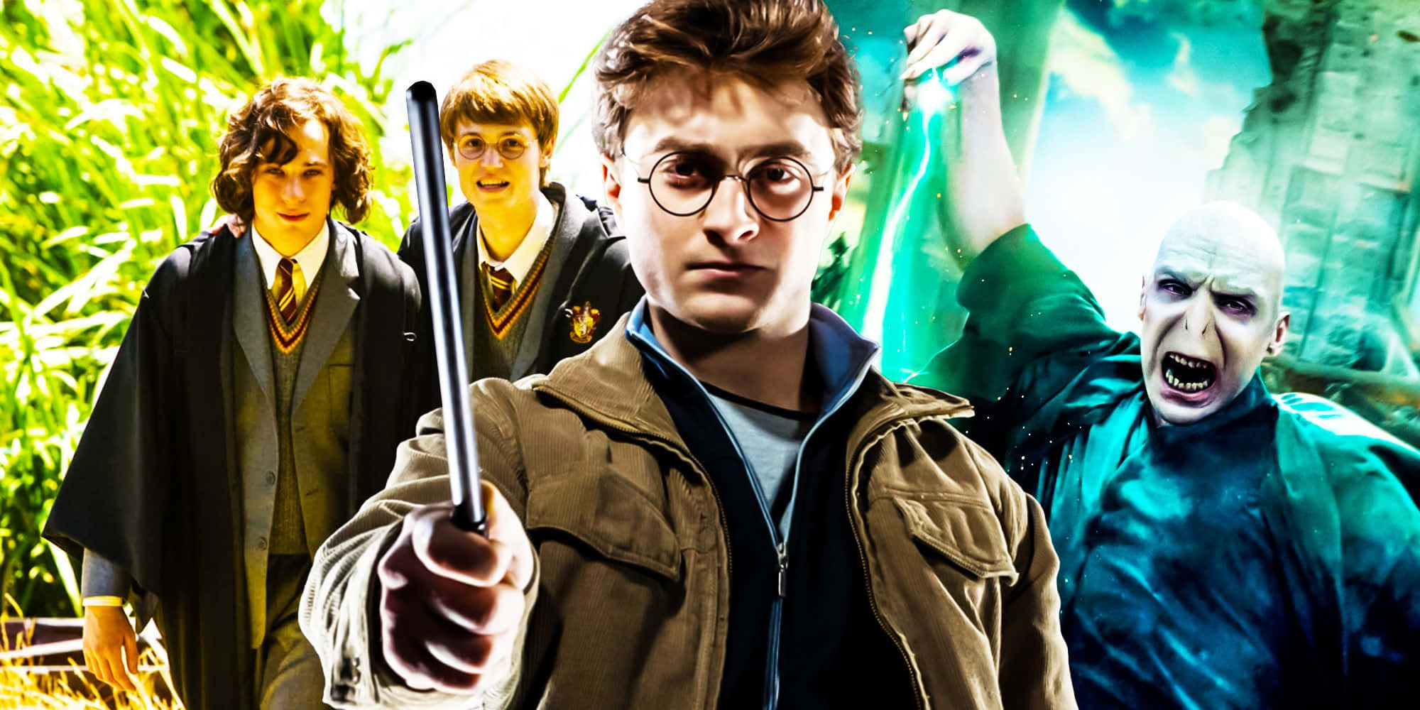 The Wizarding War 桌布 壁紙 — 哈利波特挑釁地揮舞魔杖，佛地魔在茂密綠意和 crumbling 石頭中向前衝刺進行魔法決鬥。