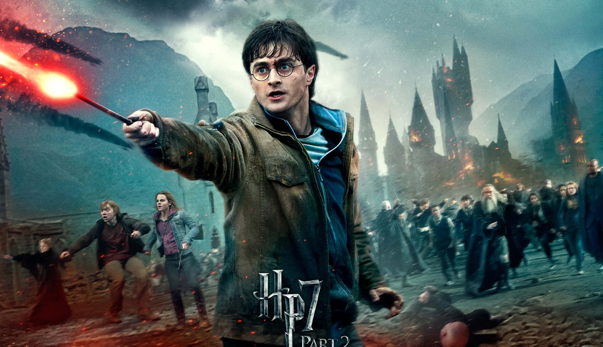 The Deathly Hallows 桌布 壁紙 — 哈利波特揮舞著熾熱的紅色魔杖，在霍格華茲的混亂戰鬥中，學生和教授們在烈火毀滅中逃竄。