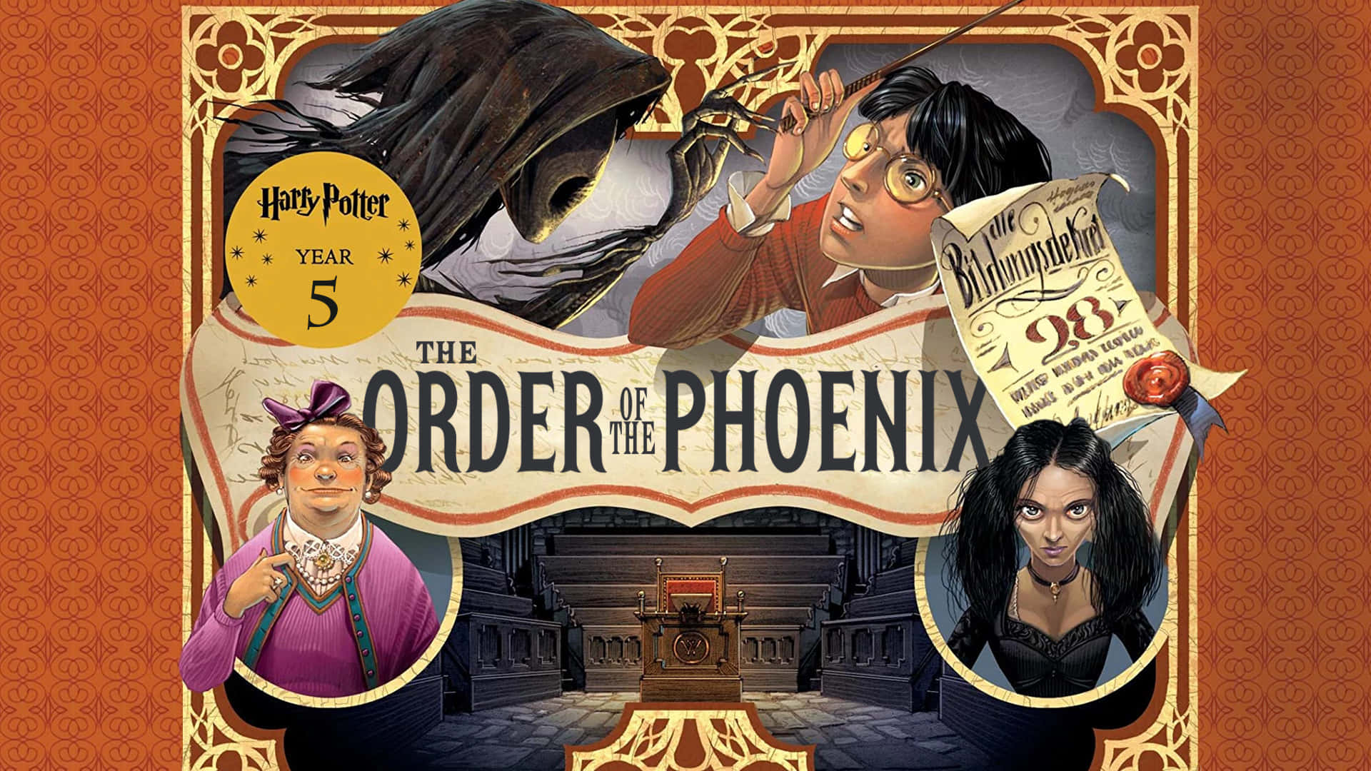 The Order Of Phoenix 桌布 壁紙 — 哈利波特揮舞魔杖對抗一個黑暗身影，而鳳凰會的關鍵角色圍繞著一個巨大的標題橫幅。