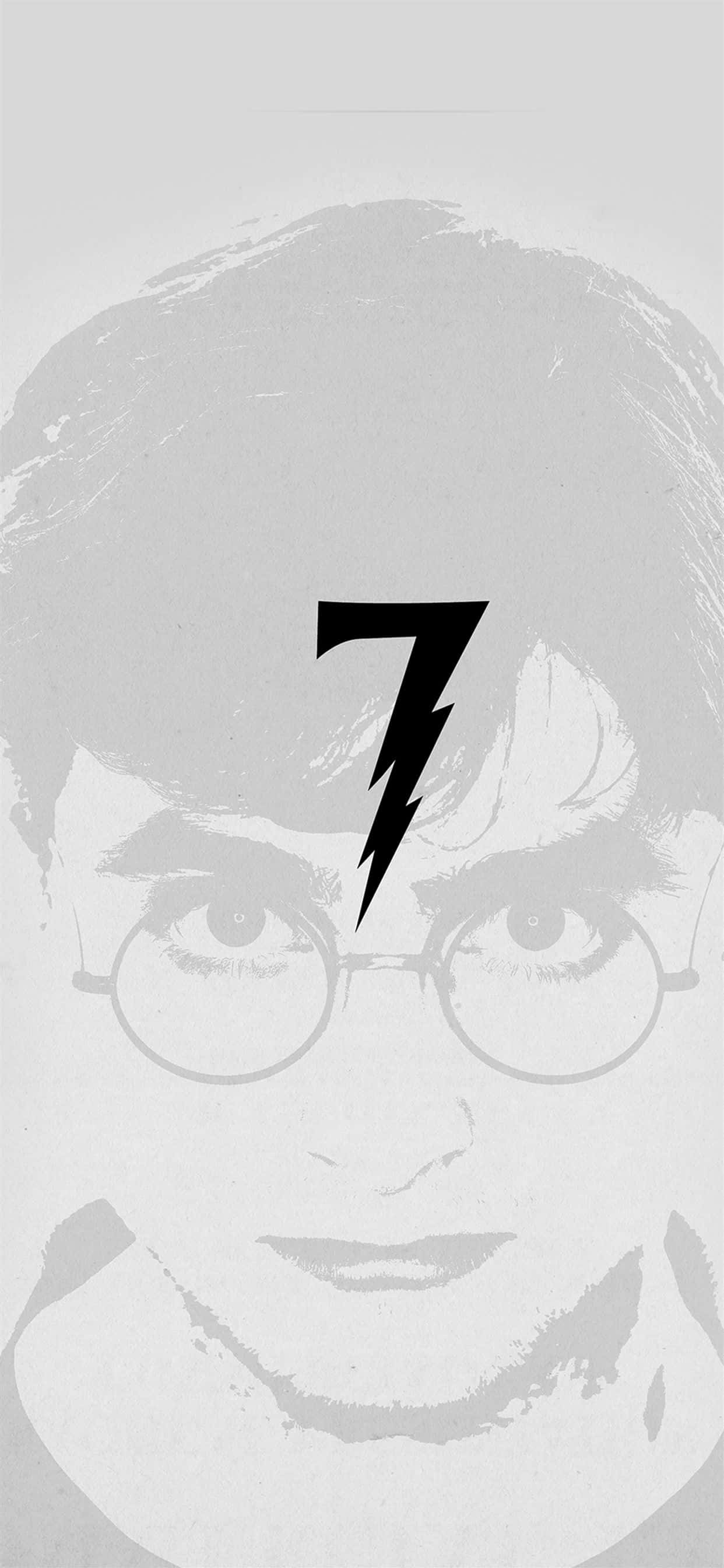 Harry Potter Black And White 桌布 壁紙 — 哈利波特的單色肖像，額頭上疊加了一個粗黑閃電形狀的數字七。