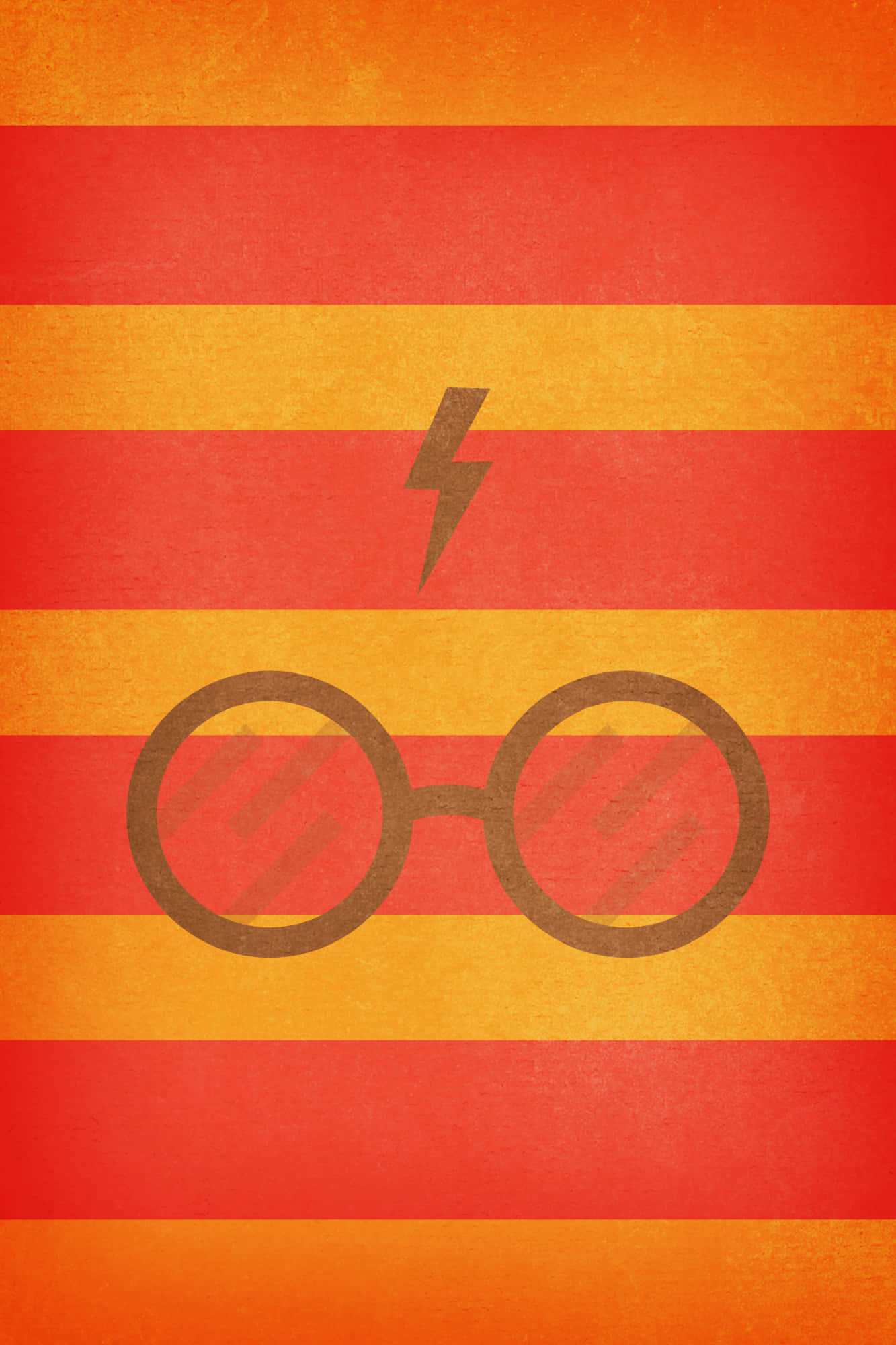 Harry Potter Glasses 桌布 壁紙 — 哈利波特的圓形眼鏡和閃電疤痕，置於大膽的紅色和橙色橫條紋上，帶有紋理復古紙效果。