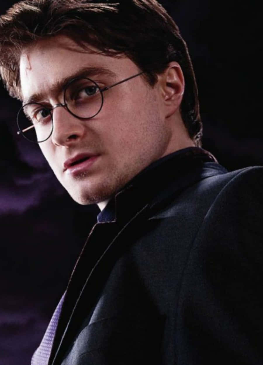 Harry Potter Profile 桌布 壁紙 — 哈利波特的特寫肖像，穿著深色西裝和圓框眼鏡，背景是陰影紫色。
