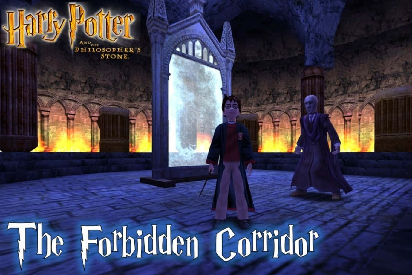 The Hogwarts Forbidden Corridor 桌布 壁紙 — 哈利波特站在一條昏暗的石頭走廊中，火把燃燒，面對著一個發光拱門附近的幽靈般的身影。