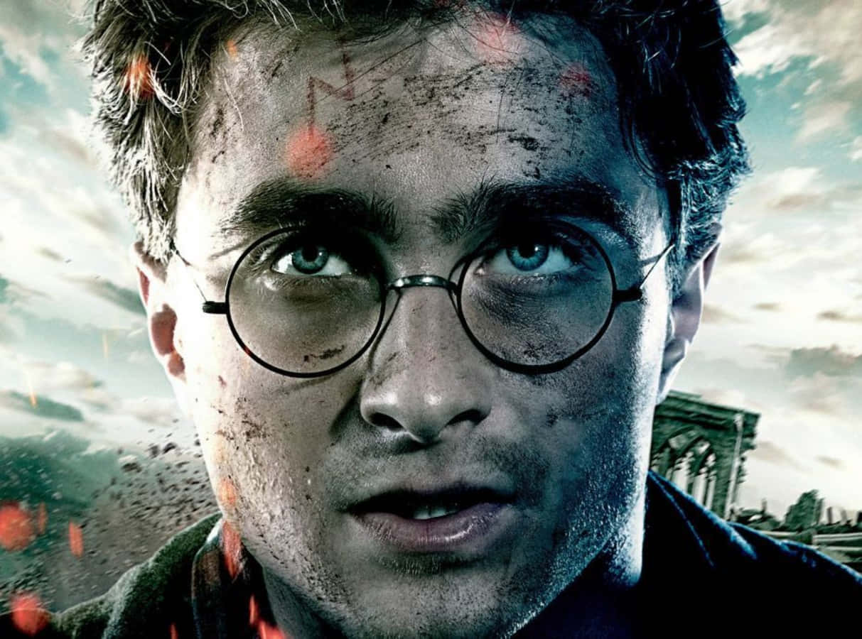 Harry Potter Profile 桌布 壁紙 — 哈利波特臉上沾滿污垢和紅色火花，在崩裂的天空背景下凝視著。