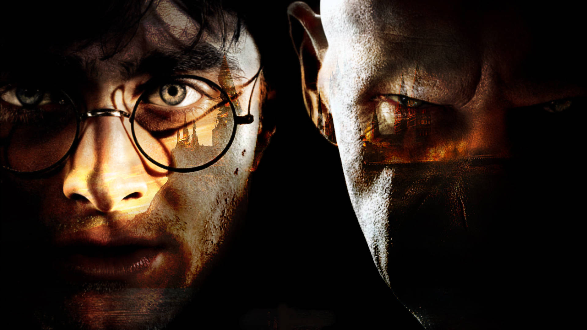 voldemort 桌布 壁紙 — 哈利波特與佛地魔臉部特寫，戲劇性的明暗對比光線，強烈的眼神交流。