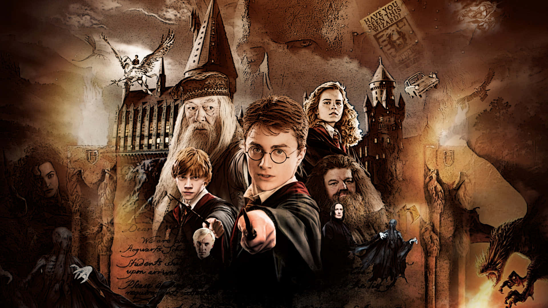 Harry Potter Halloween 桌布 壁紙 — 哈利波特與朋友們在霍格華茲城堡和魔法生物中英勇地站立，形成一幅戲劇性的深褐色調拼貼畫。