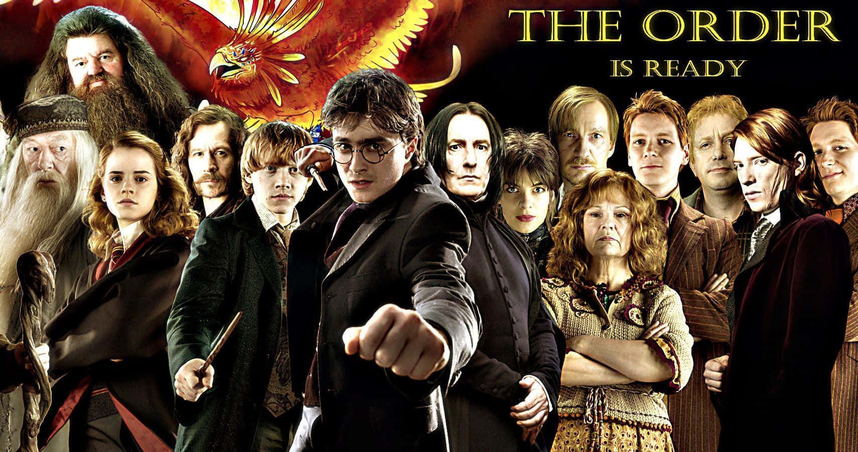 The Order Of Phoenix 桌布 壁紙 — 哈利波特與盟友團結一致，身後是金色的鳳凰佛客使，在戲劇性的電影燈光下。