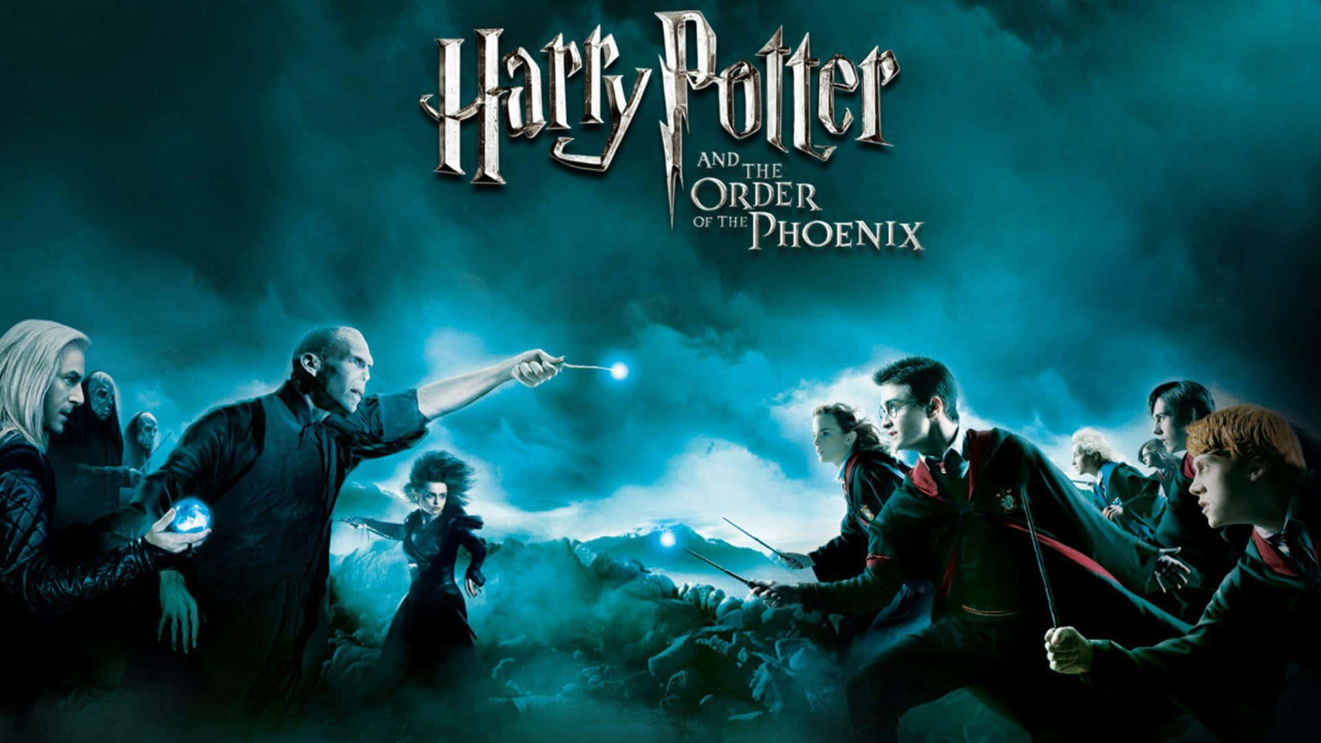 Harry Potter All Characters 桌布 壁紙 — 哈利波特與盟友在暴風雨般的青綠色天空下，與黑巫師進行魔法戰鬥。