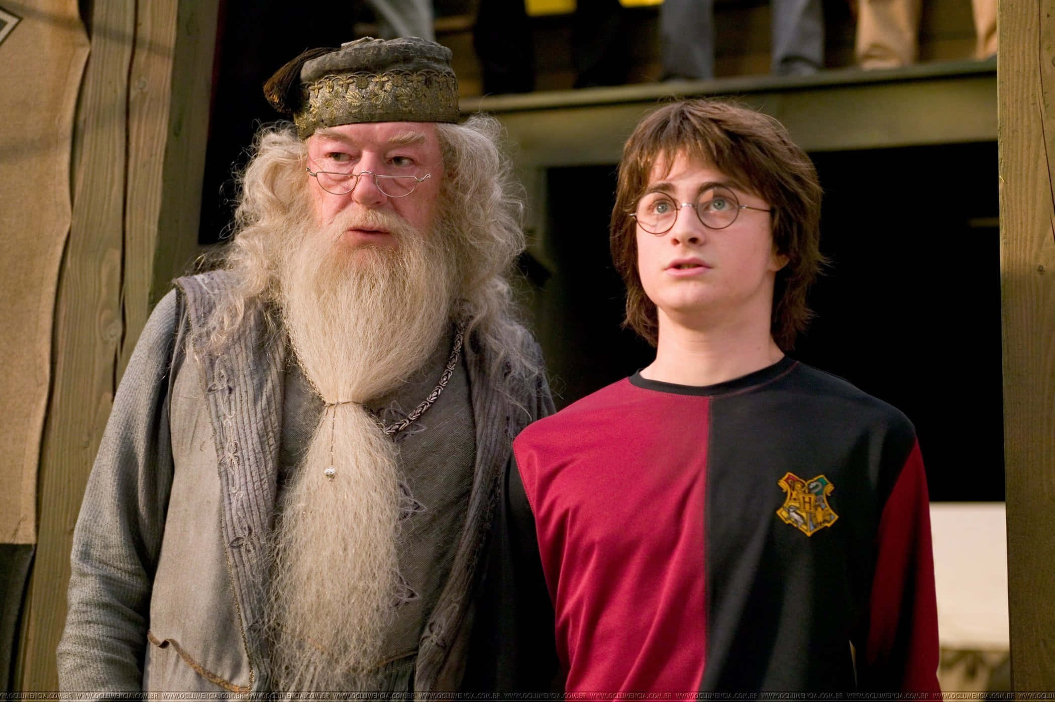 The Goblet Of Fire 桌布 壁紙 — 哈利波特與阿不思鄧不利多並肩站在木造結構中，兩人神情嚴肅地向上看。