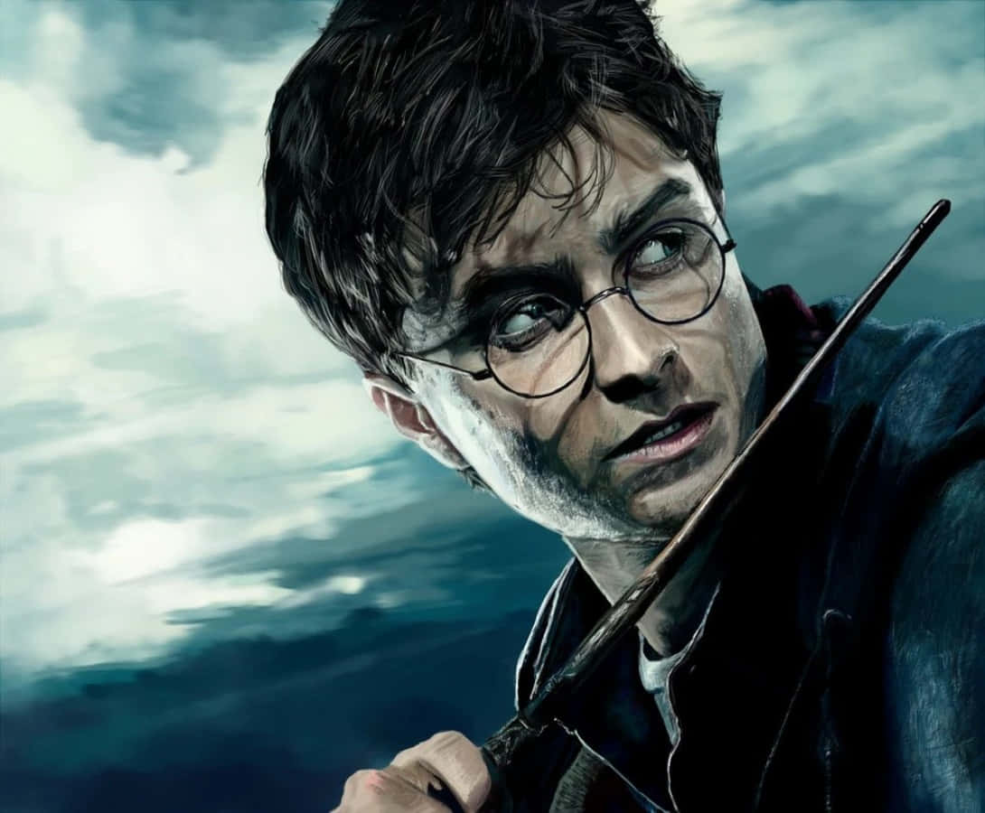 Harry Potter Profile 桌布 壁紙 — 哈利波特舉起魔杖，在暴風雨的灰色天空下凝視著。