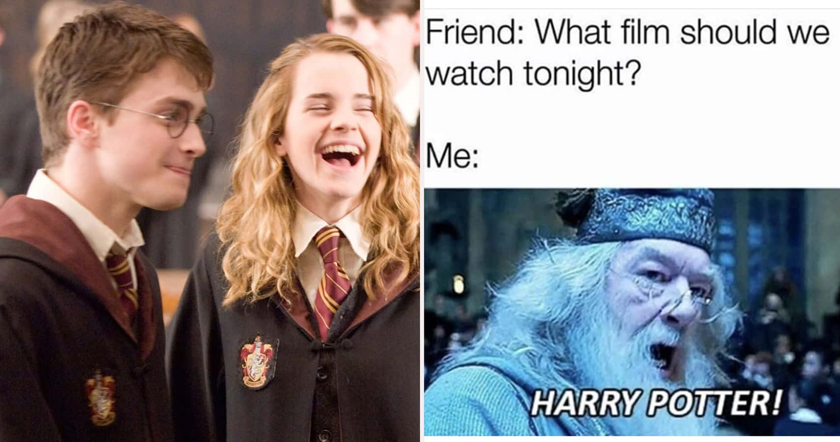 Funny Harry Potter 桌布 壁紙 — 哈利波特角色大笑，鄧不利多戲劇性地大喊『哈利波特！』的迷因分割畫面。