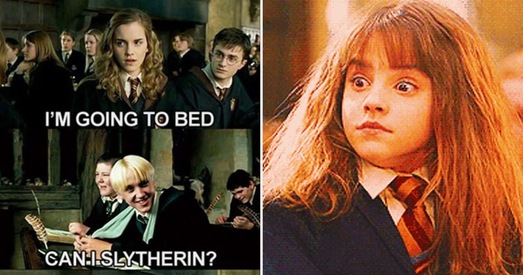 Funny Harry Potter 桌布 壁紙 — 哈利波特角色穿著霍格華茲制服，以分割畫面迷因格式表現驚訝和幽默。