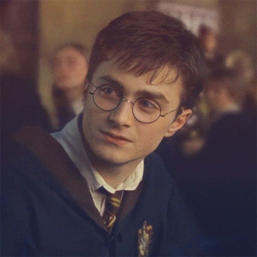 Harry Potter Profile 桌布 壁紙 — 哈利波特身穿霍格華茲制服，戴著圓框眼鏡，若有所思地近距離看著鏡頭。