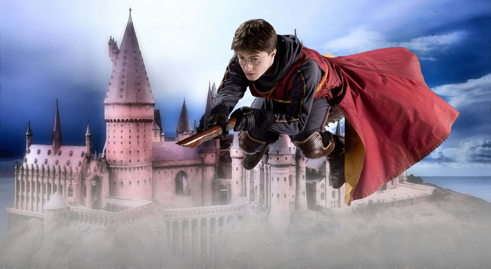 daniel radcliffe 桌布 壁紙 — 哈利波特騎著掃帚在戲劇性的多雲天空下飛越霍格華茲城堡。