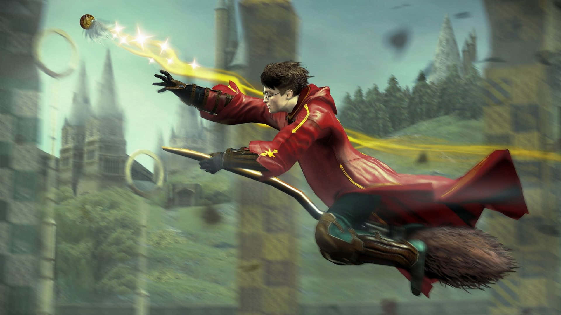 Quidditch 桌布 壁紙 — 哈利波特騎著掃帚在魔法城堡庭院追逐金色飛賊。