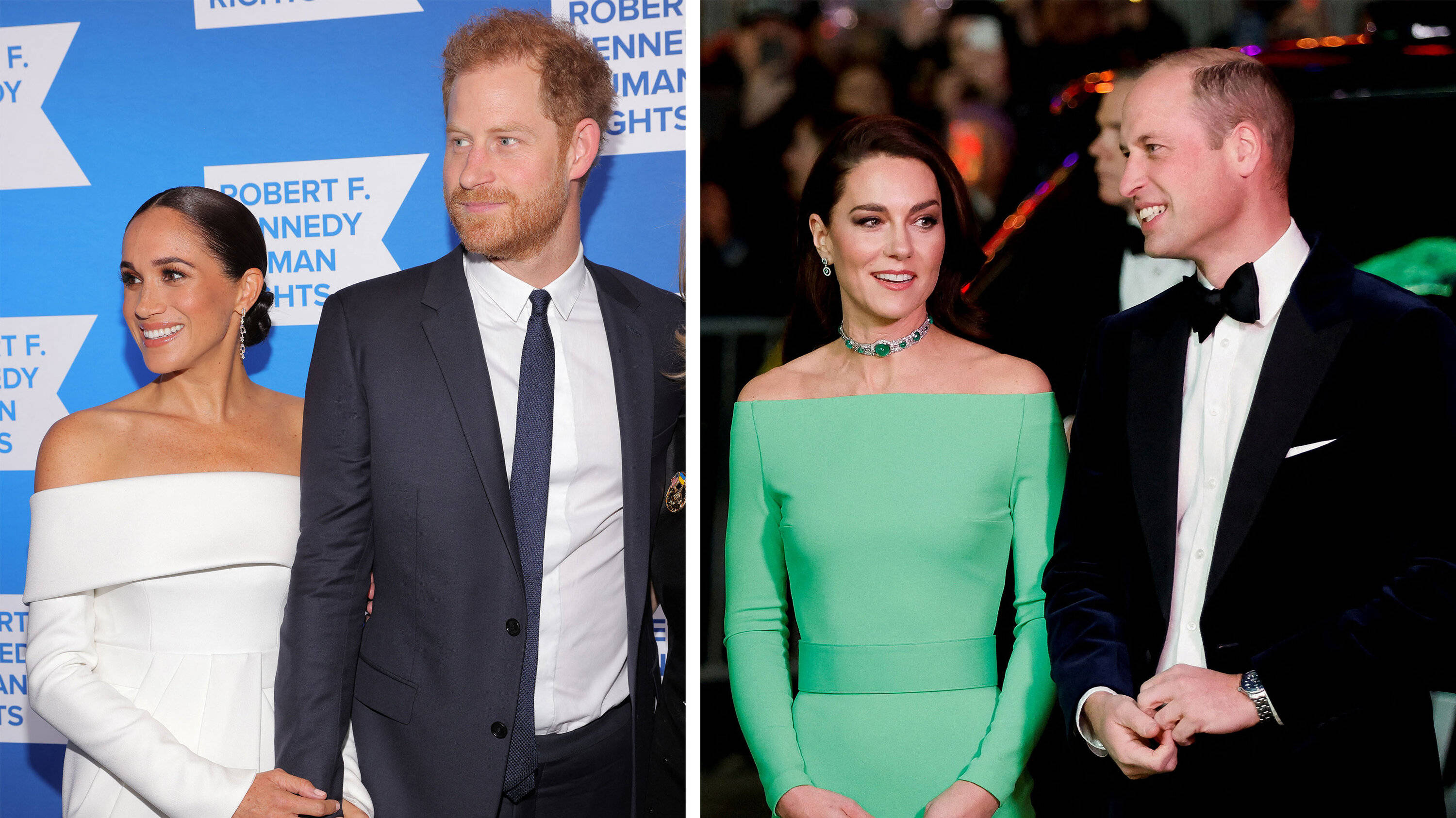 Meghan Markle 桌布 壁紙 — 哈利王子與梅根馬克爾在藍色活動背景前微笑，旁邊是威廉王子與凱特米德爾頓，身穿正式晚裝。
