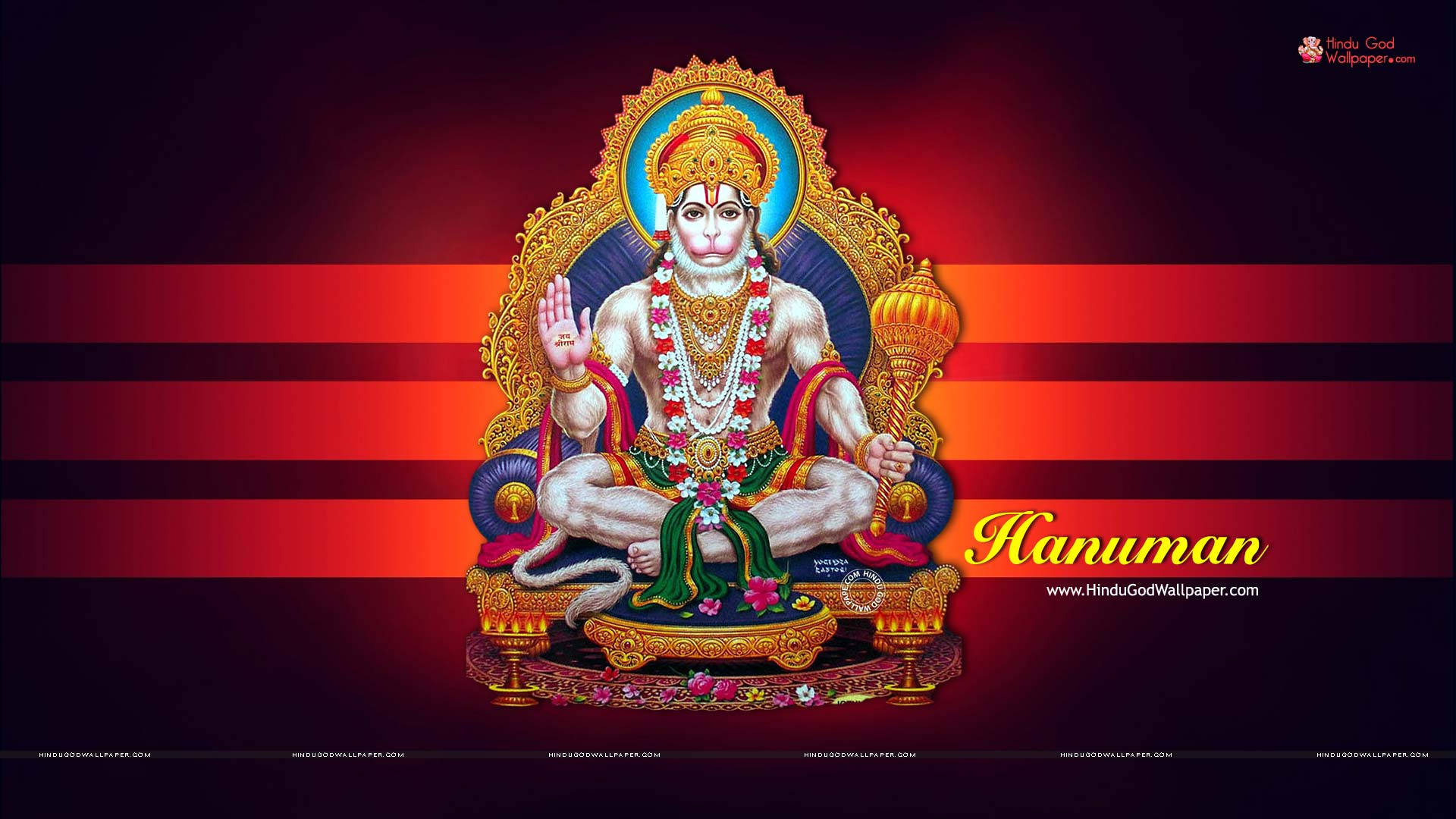 angry hanuman 桌布 壁紙 — 哈努曼威嚴地坐在華麗的金色寶座上，背景是醒目的紅黑條紋，散發著神聖的力量。