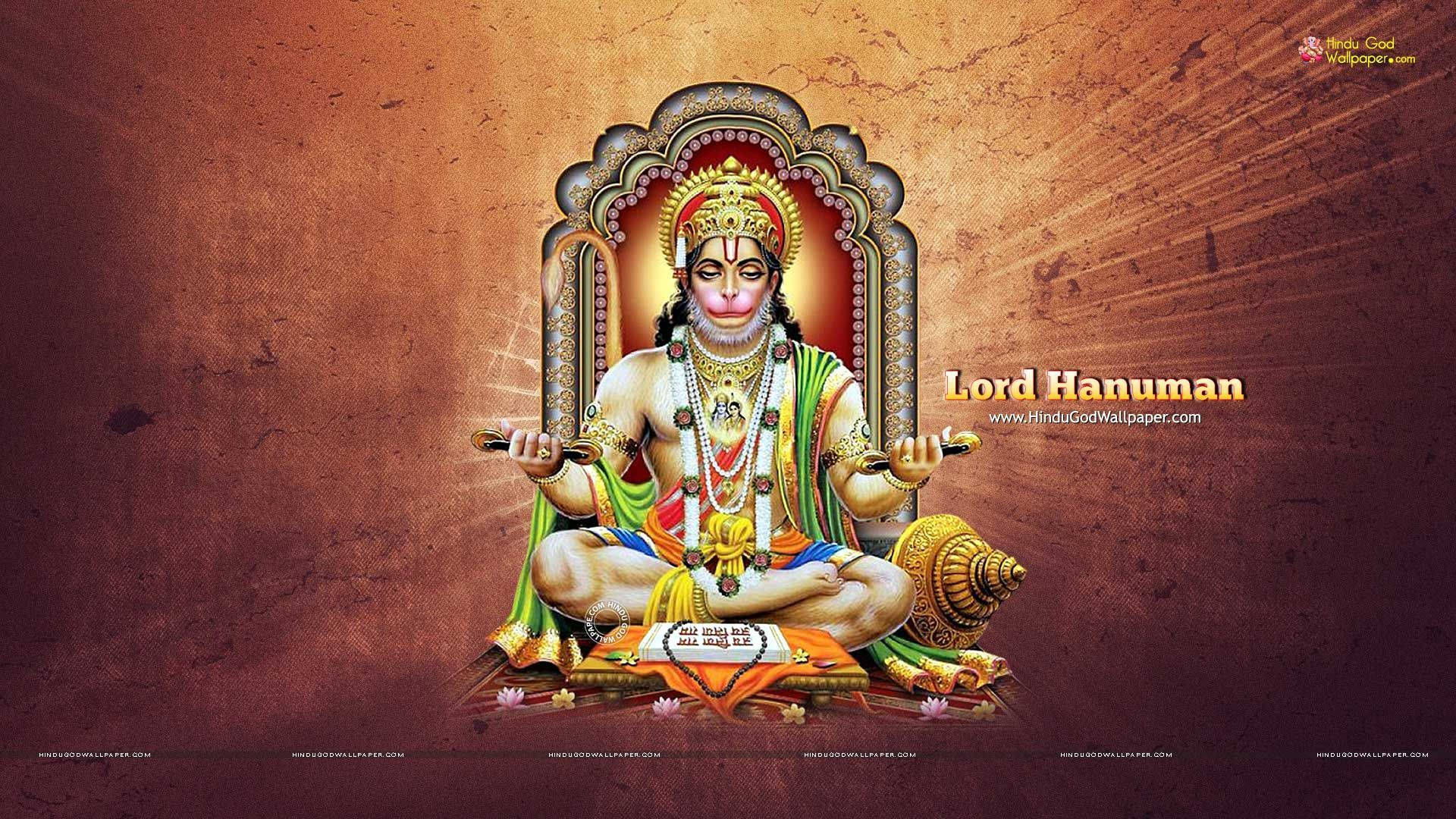 hanuman ji HD 桌布 壁紙 — 哈努曼神盤腿坐在裝飾華麗的寶座上，寶座鑲嵌寶石和神聖符號，背景溫暖有質感。