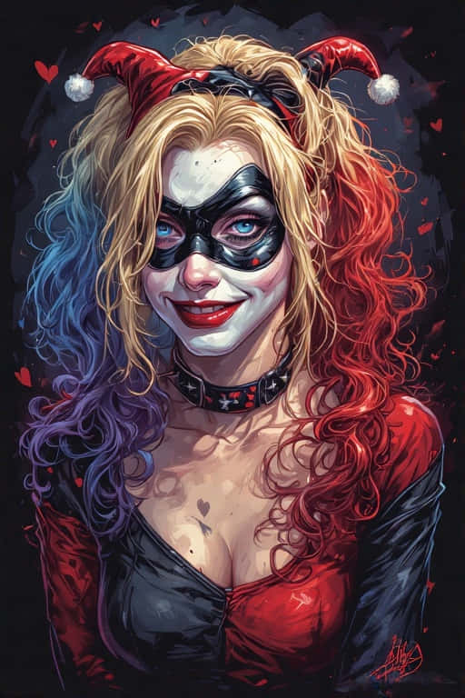 Harley Quinn Love & Madness – 4K 壁紙 — 哈莉·奎茵，半藍半紅的頭髮和小丑帽，在黑暗背景中微笑，周圍有漂浮的心形。