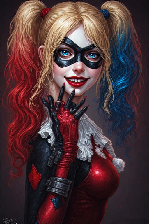 Harley Quinn Love & Madness – 4K 壁紙 — 哈莉·奎茵，紅色和藍色雙馬尾，黑色面具，紅色唇膏，戴手套的手靠近臉部擺姿勢。