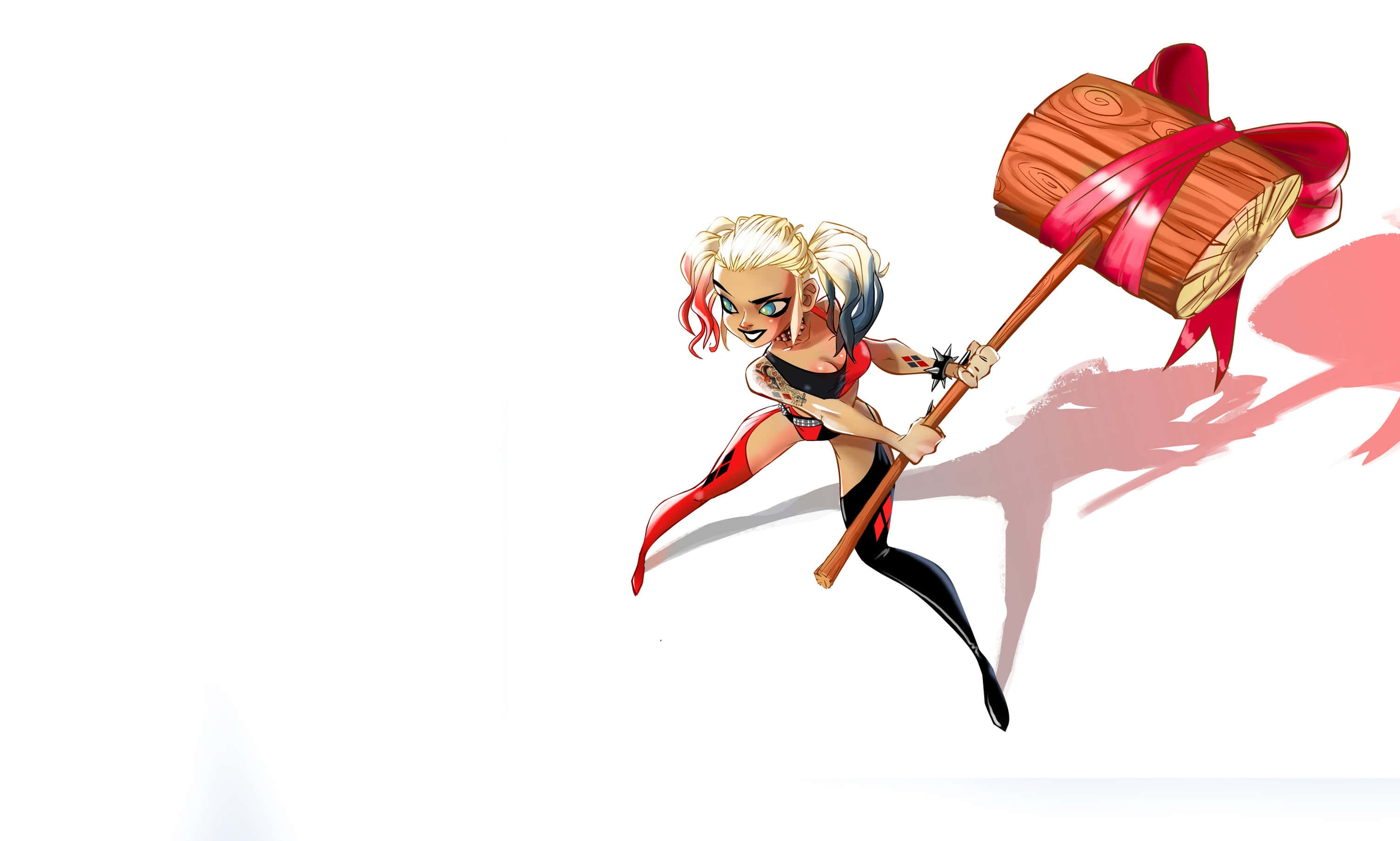 Harley Quinn Hammer 桌布 壁紙 — 哈莉·奎茵以Q版動漫風格，在純白背景前揮舞一把帶有紅色蝴蝶結的巨大木槌。