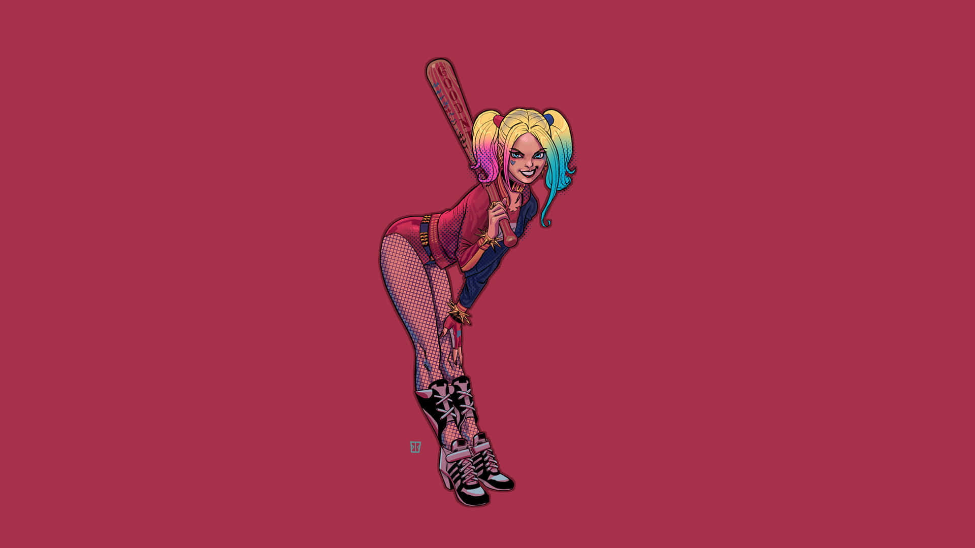 Harley Quinn Baseball Bat 桌布 壁紙 — 哈莉·奎茵以俏皮姿勢手持棒球棍，背景為純洋紅色。
