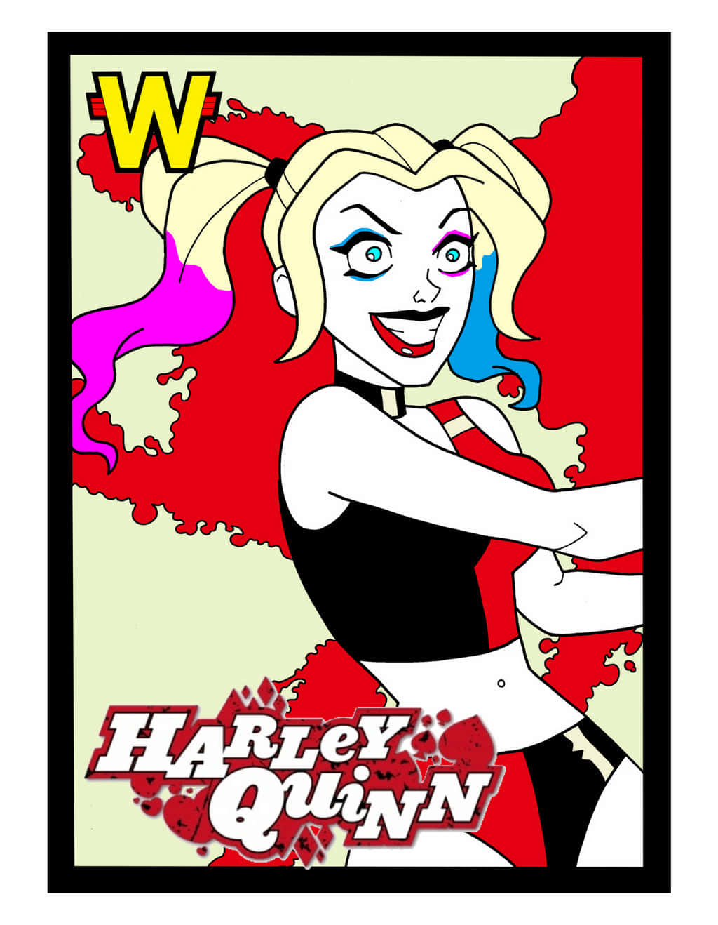 Harley Quinn Anime Series 桌布 壁紙 — 哈莉·奎茵以大膽的漫畫風格呈現，擁有鮮豔的紅、粉紅和藍色頭髮，背景是潑濺效果。