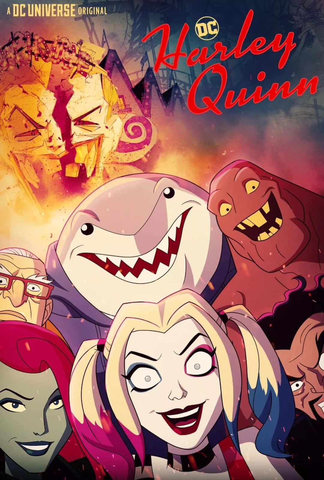 Harley Quinn Anime Series 桌布 壁紙 — 哈莉·奎茵和她混亂的惡棍團隊在熾熱破碎的背景前露出瘋狂的笑容。