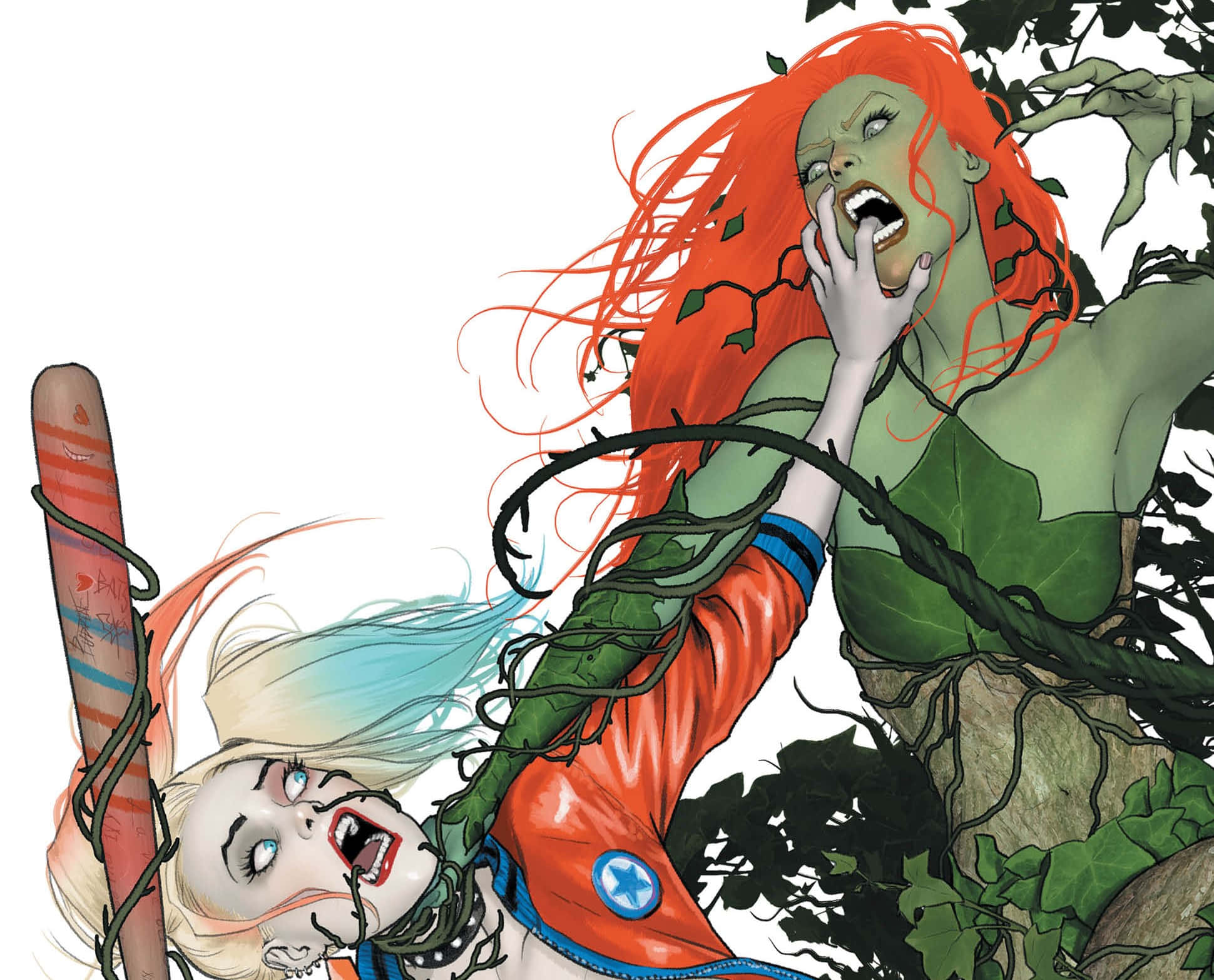 Harley Quinn And Poison Ivy 桌布 壁紙 — 哈莉·奎茵和毒藤女在一個充滿藤蔓和鮮豔色彩的動態漫畫面板中交鋒。