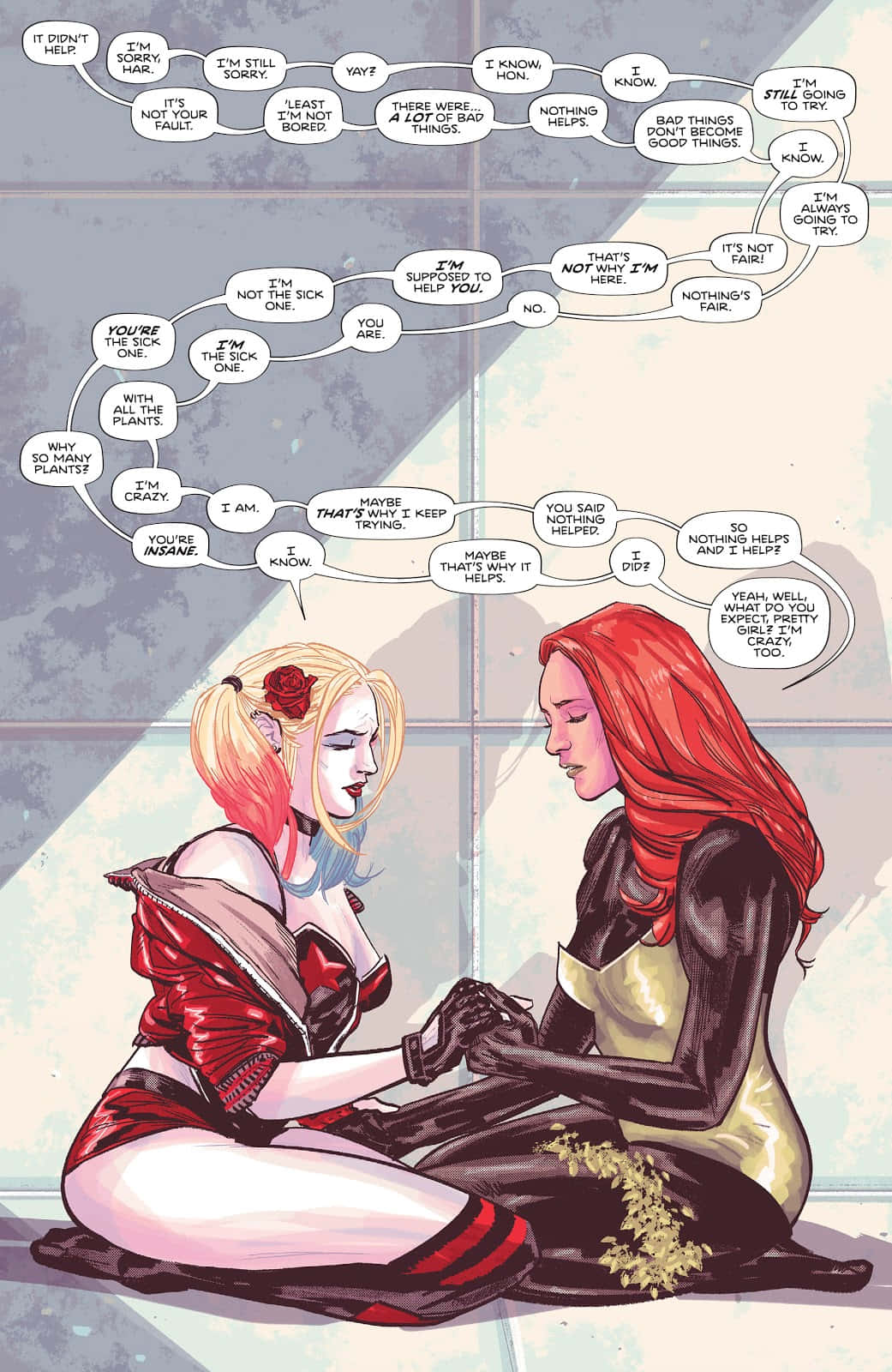 Harley Quinn And Poison Ivy 桌布 壁紙 — 哈莉·奎茵和毒藤女坐在陽光充足的房間裡面對面，糾纏在表達她們複雜情感紐帶的對話泡泡網中。
