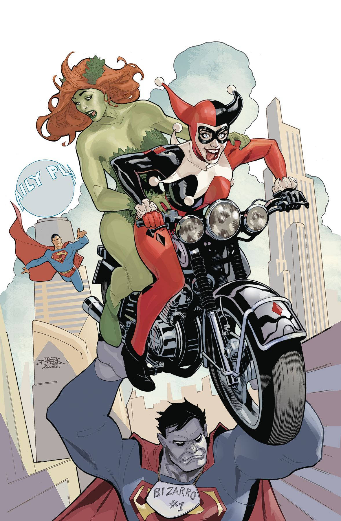 Harley 桌布 壁紙 — 哈莉·奎茵和毒藤女騎摩托車越過比扎羅·超人，而超人在背景中飛翔。