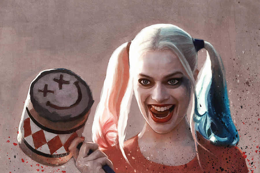 Harley Quinn Hammer 桌布 壁紙 — 哈莉·奎茵咧嘴狂笑，手持一個畫有笑臉的槌子，背景是濺滿灰色的牆壁。