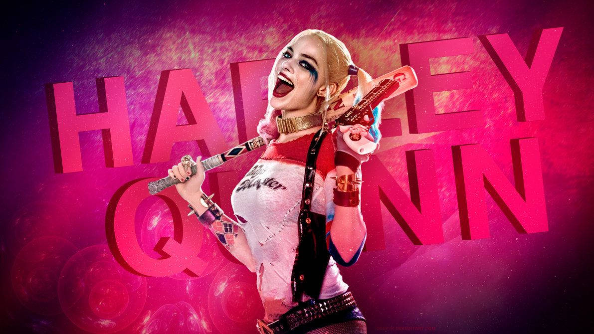 Harley 桌布 壁紙 — 哈莉·奎茵咧嘴狂笑，揮舞著棒球棍，背景是充滿活力的粉紅色和紫色，她的名字以粗體字呈現。