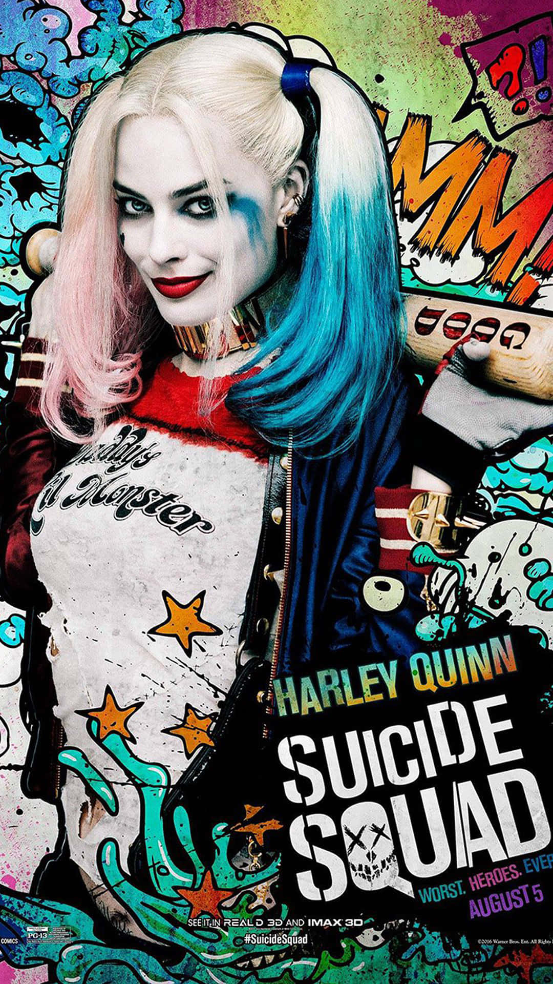 Suicide Squad 桌布 壁紙 — 哈莉·奎茵在一個漫畫風格的海報中頑皮地咧嘴笑，擁有鮮豔的粉藍色頭髮和混亂的塗鴉背景。