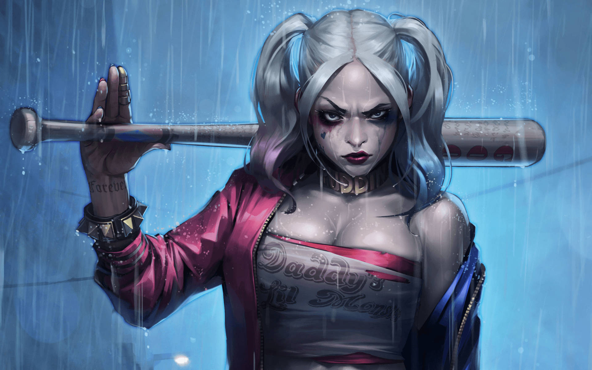Harley 桌布 壁紙 — 哈莉·奎茵在傾盆大雨中挑釁地站著，肩上扛著棒球棍，表情兇猛。