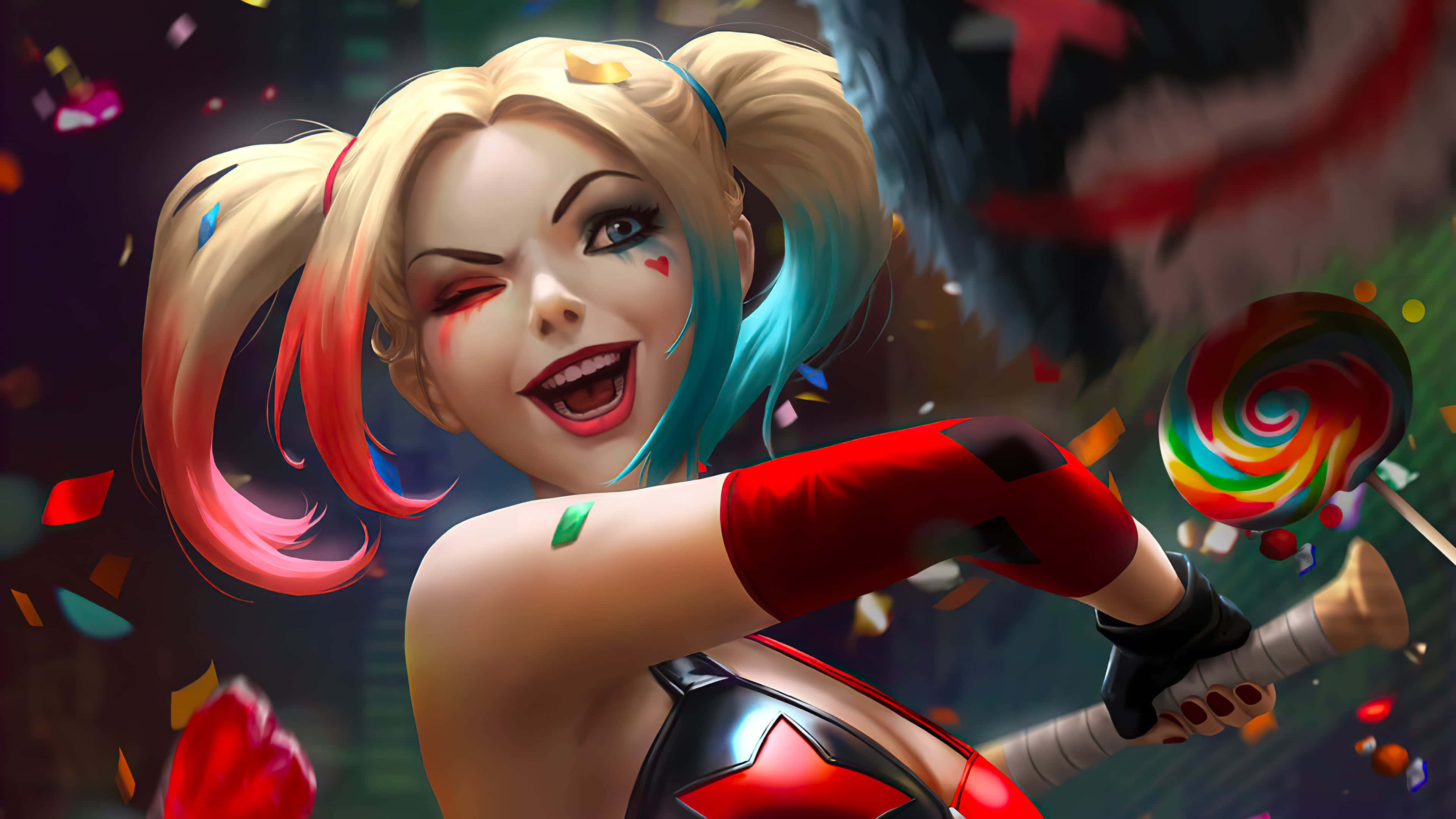 Harley Quinn Baseball Bat 桌布 壁紙 — 哈莉·奎茵在彩色紙屑和混亂動作中，狂野地笑著拿著彩虹棒棒糖。