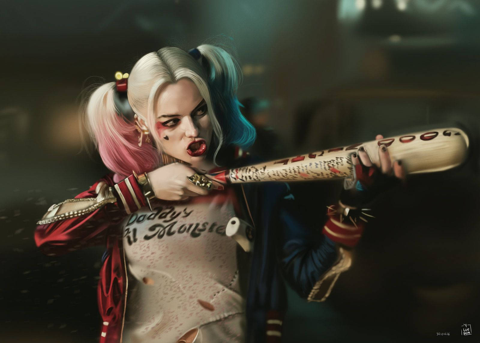 Harley 桌布 壁紙 — 哈莉·奎茵在昏暗的城市環境中，手持塗鴉覆蓋的棒球棍，表情兇猛。
